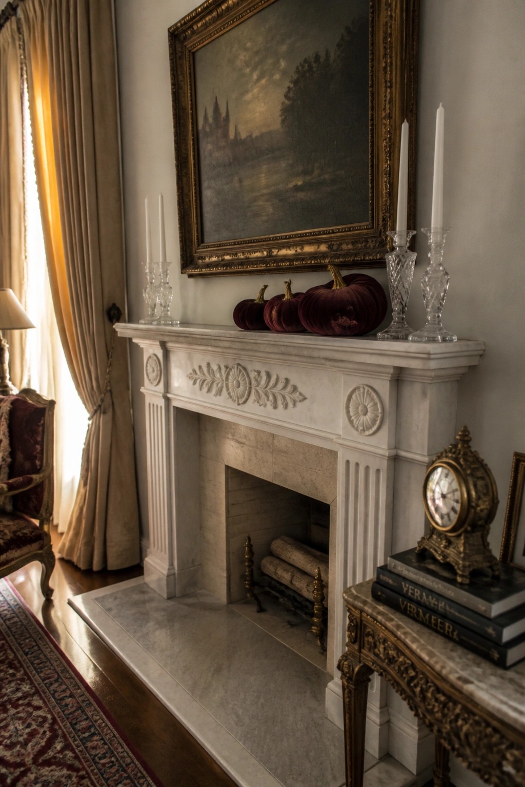 A white marble fireplace mantel holds three deep red velvet pumpkins, several white taper candles in crystal holders, and a large framed landscape painting above.