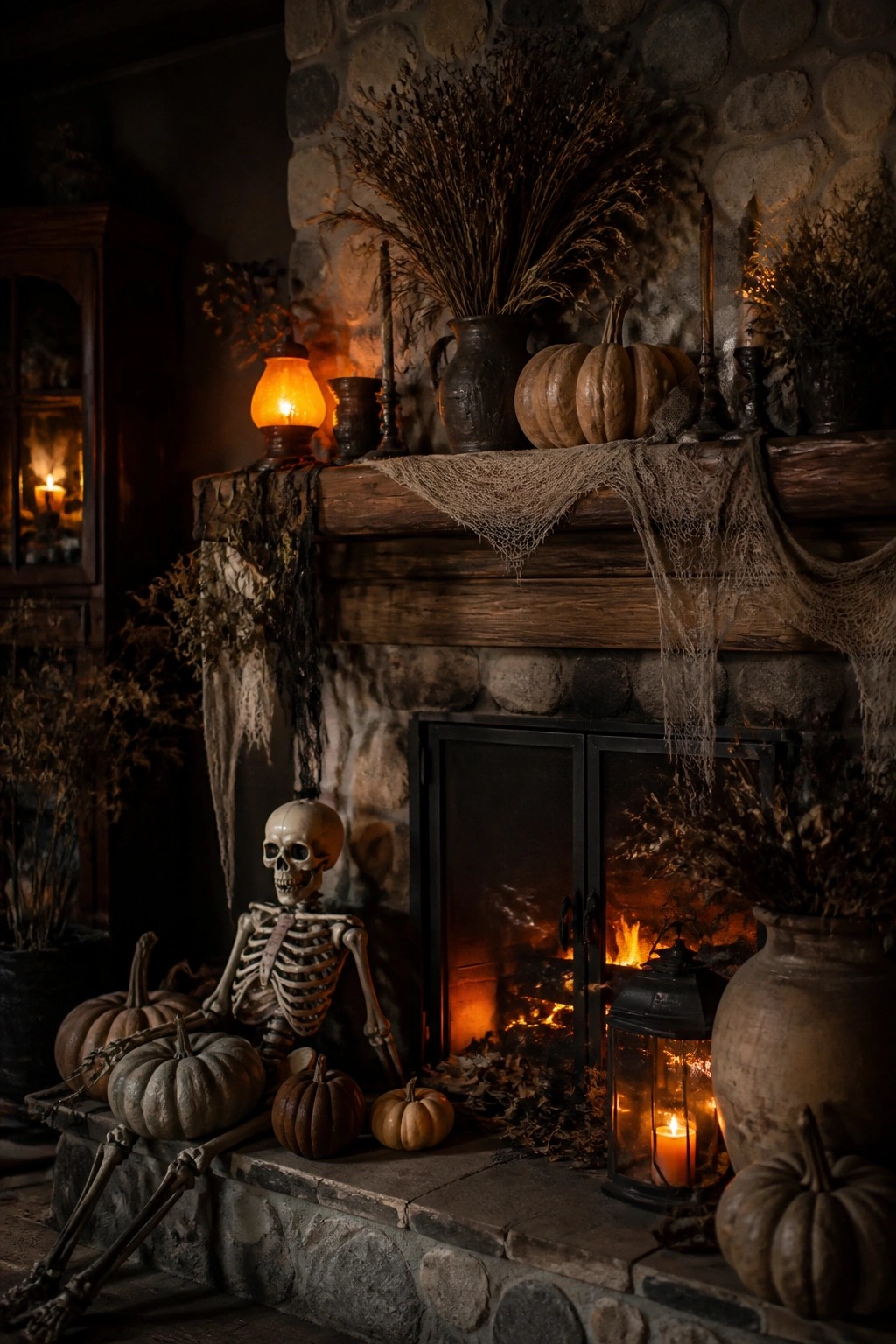 Skeleton seated by glowing fireplace amid pumpkins, candles, and dried foliage on stone hearth