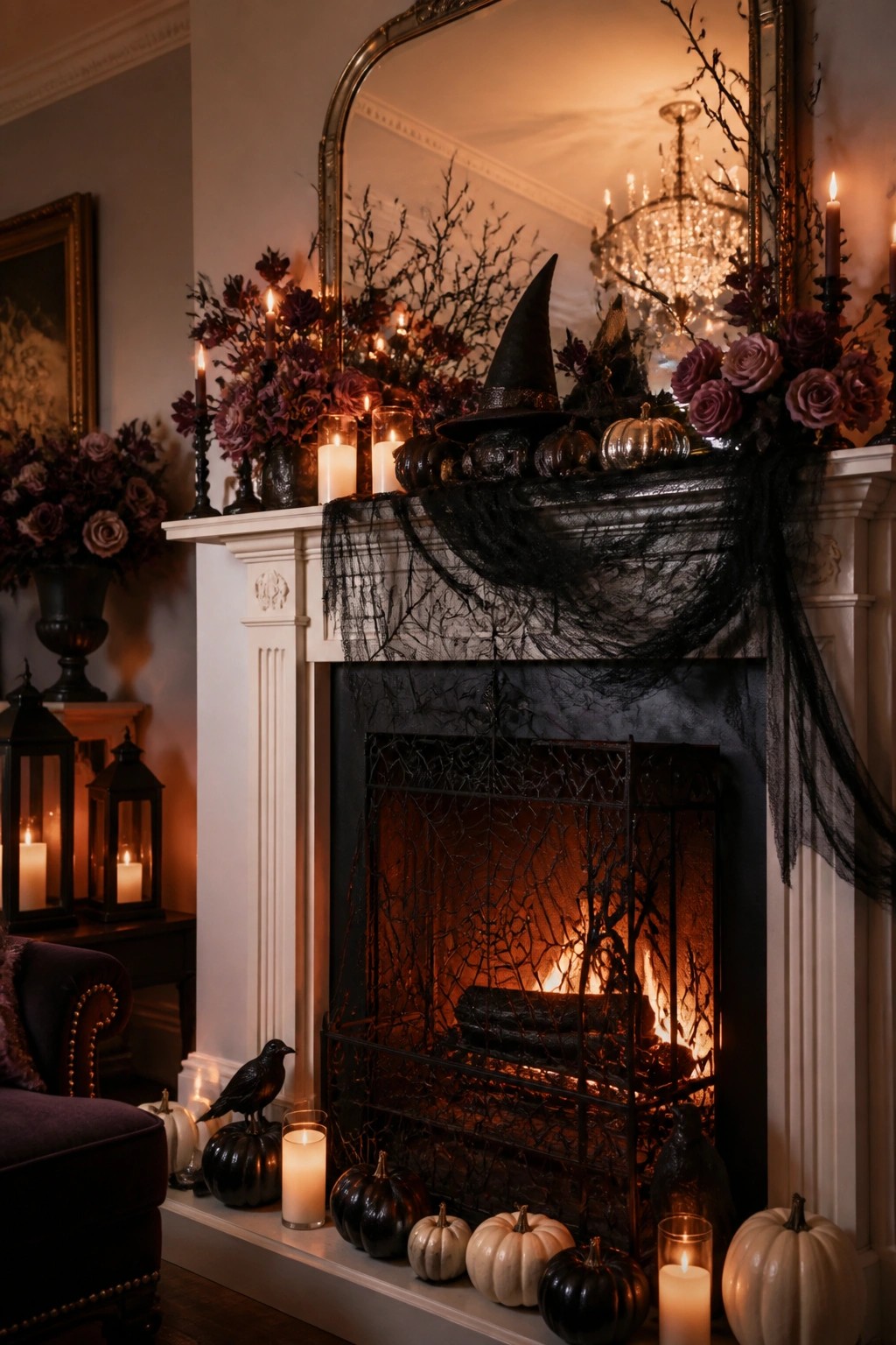 White fireplace mantel styled for Halloween with a black witch hat, black spiderweb fabric, dark branches, candles, and pumpkins.
