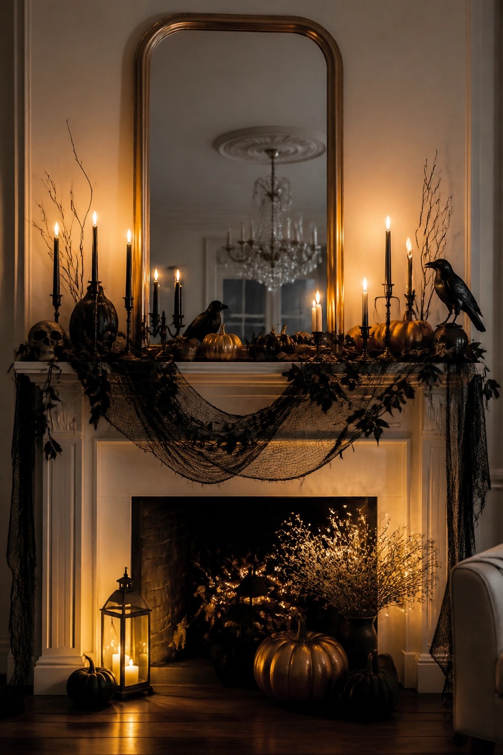 Halloween-decorated fireplace mantel with glowing candles, pumpkins, crows, skull, and black netting