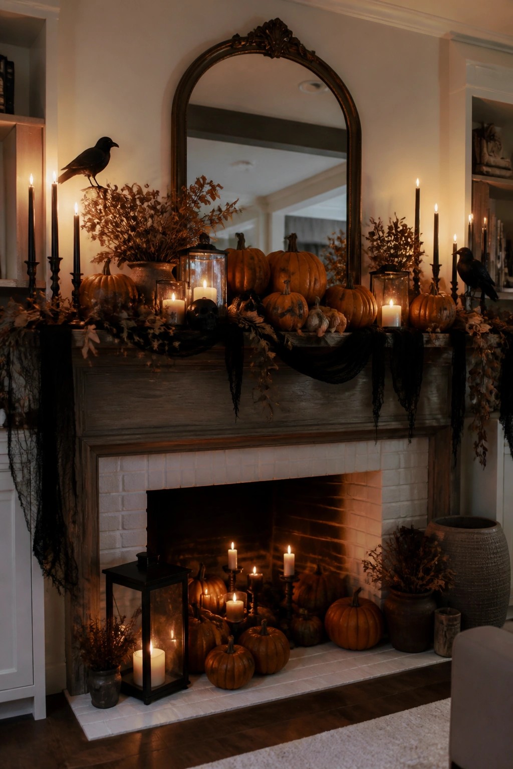 A fireplace mantel decorated for Halloween with orange pumpkins, black crows, lit candles in lanterns, dried foliage, and black fabric draping.