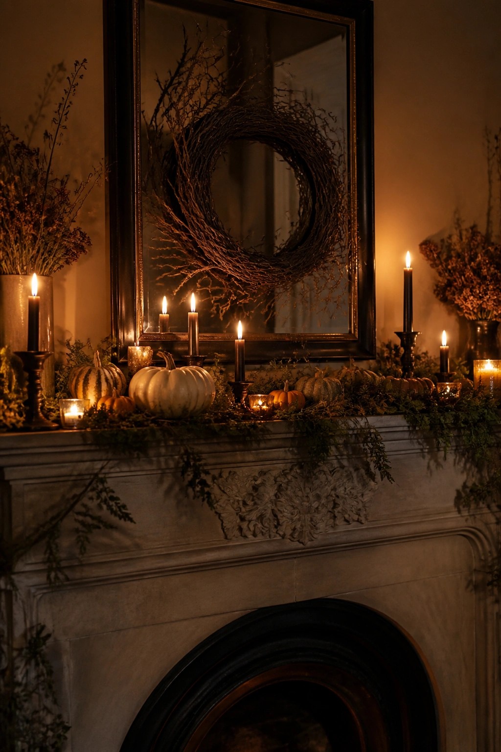 Stone fireplace mantel decorated with small pumpkins, lit taper candles, and greenery beneath a large twig wreath reflected in a mirror.