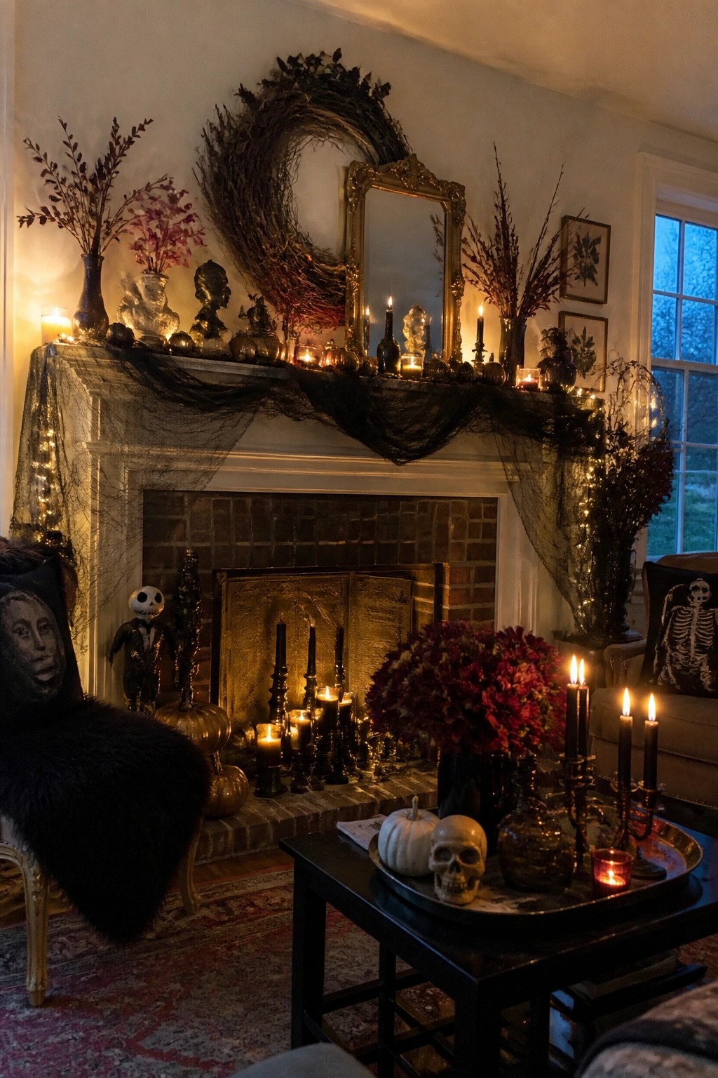 A fireplace mantel styled for Halloween with black netting, multiple black candles, skulls, small pumpkins, and a large dark wreath above the brick opening.