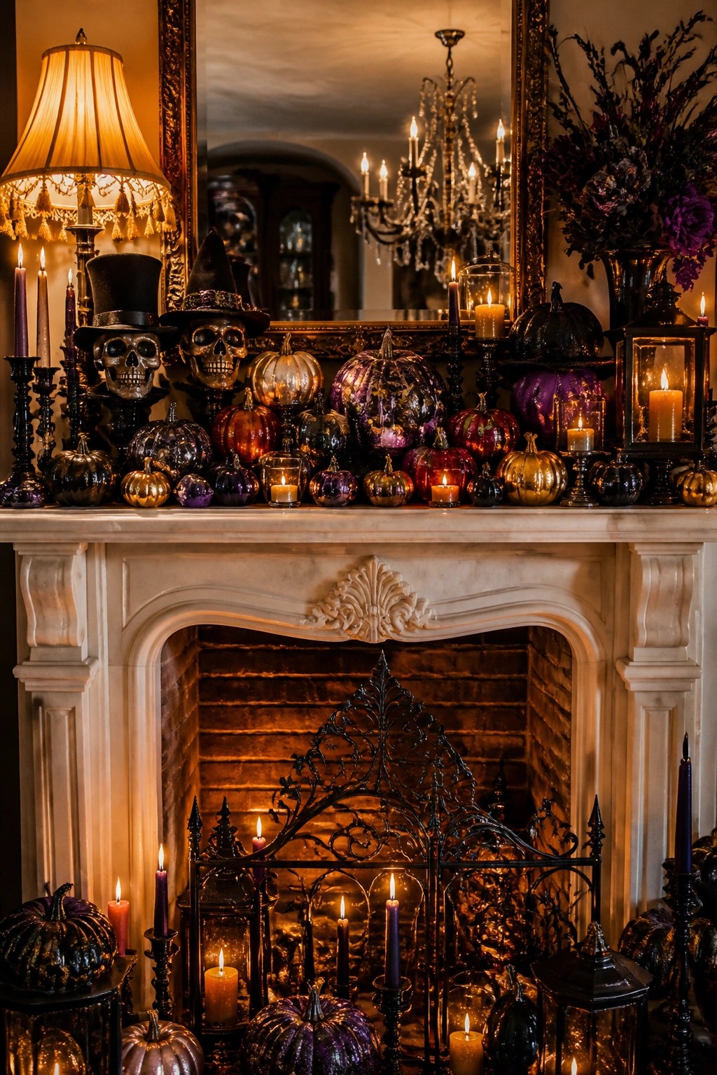 White marble fireplace mantel styled with skull heads in hats, metallic pumpkins, and many lit candles.