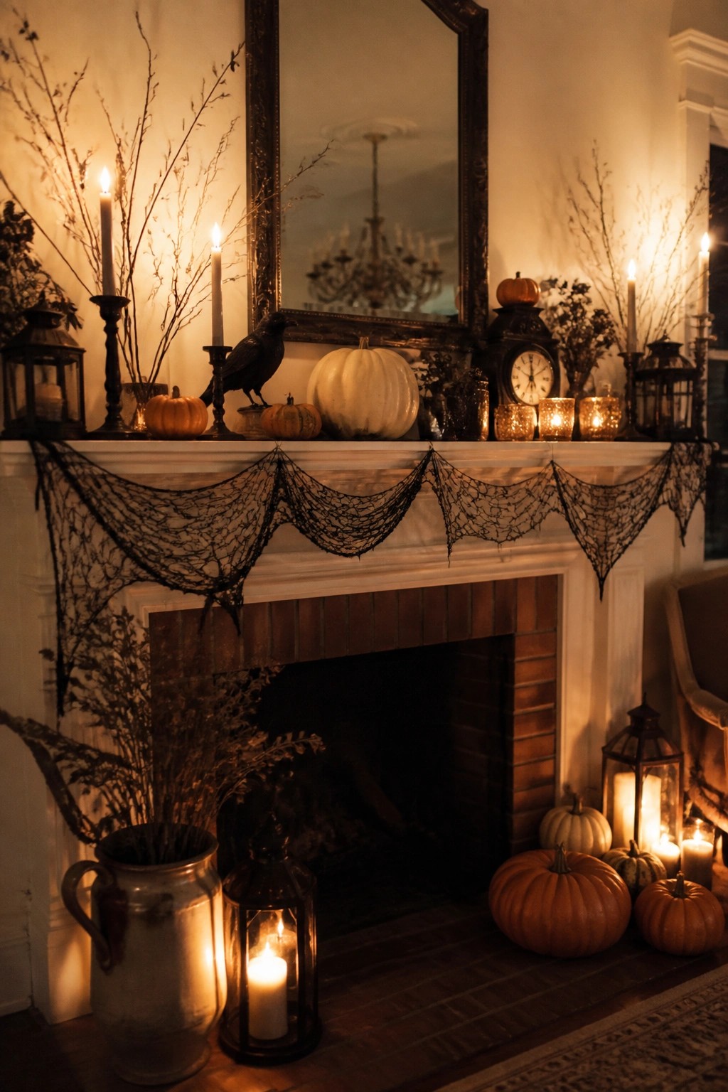 A white fireplace mantel decorated with a black spiderweb garland, white and orange pumpkins, candles, and a black crow figure.