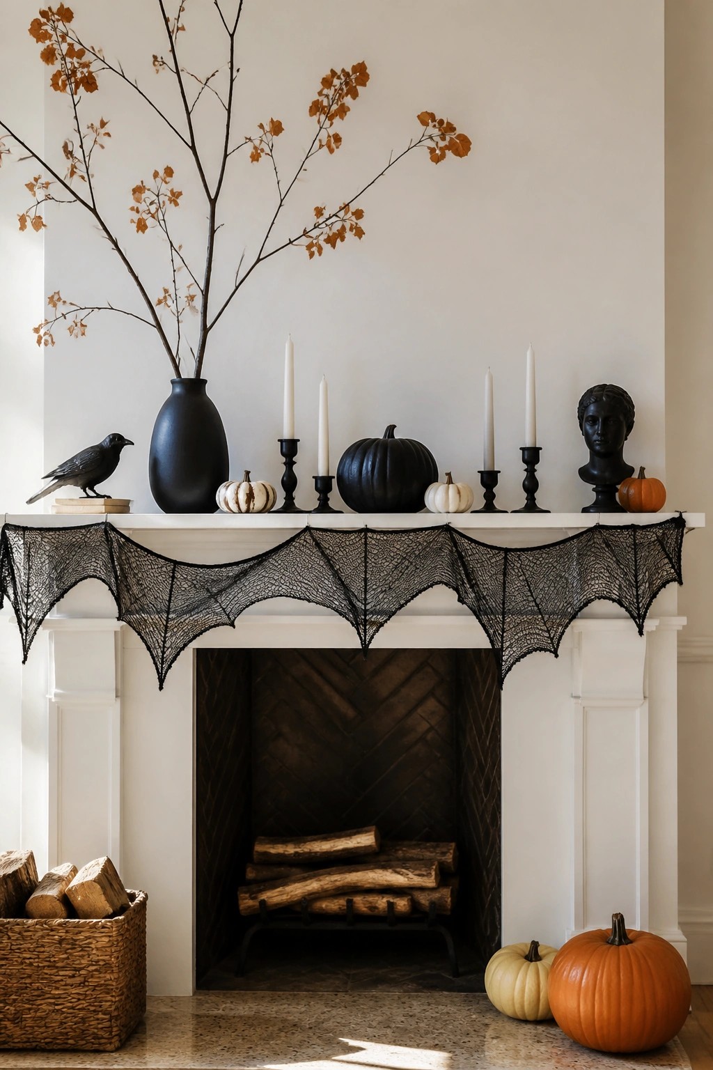 White fireplace mantel with a black bat-shaped spiderweb draped across the front, white and black pumpkins, candles, and branches.