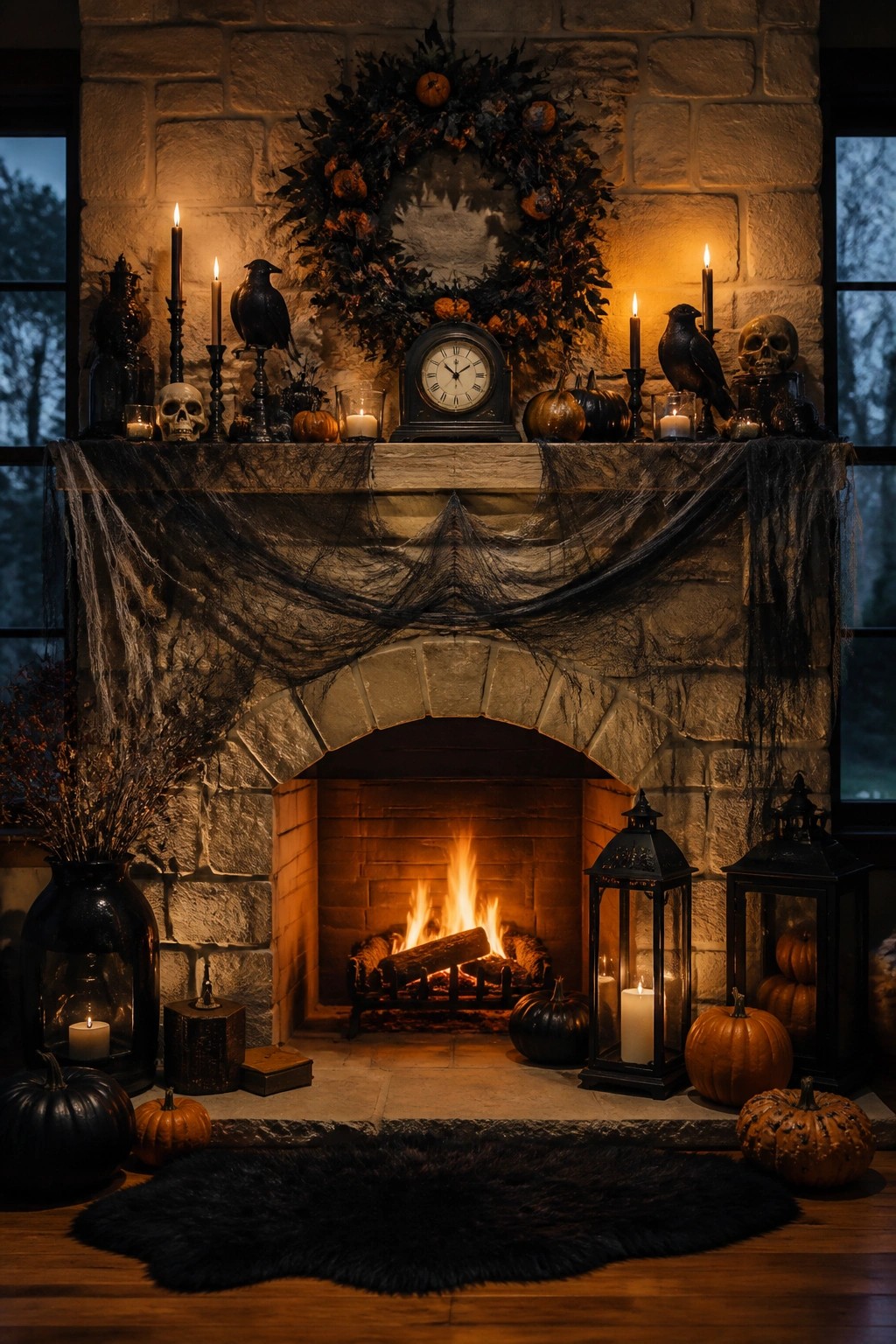Stone fireplace with burning fire, black cobwebs, pumpkins, skulls, crows, and candles.