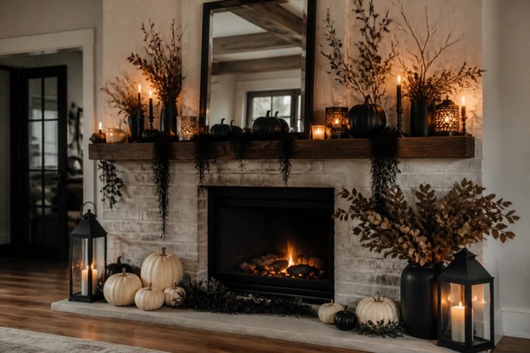 A fireplace mantel decorated for Halloween with orange pumpkins, black crows, lit candles in lanterns, dried foliage, and black fabric draping.
