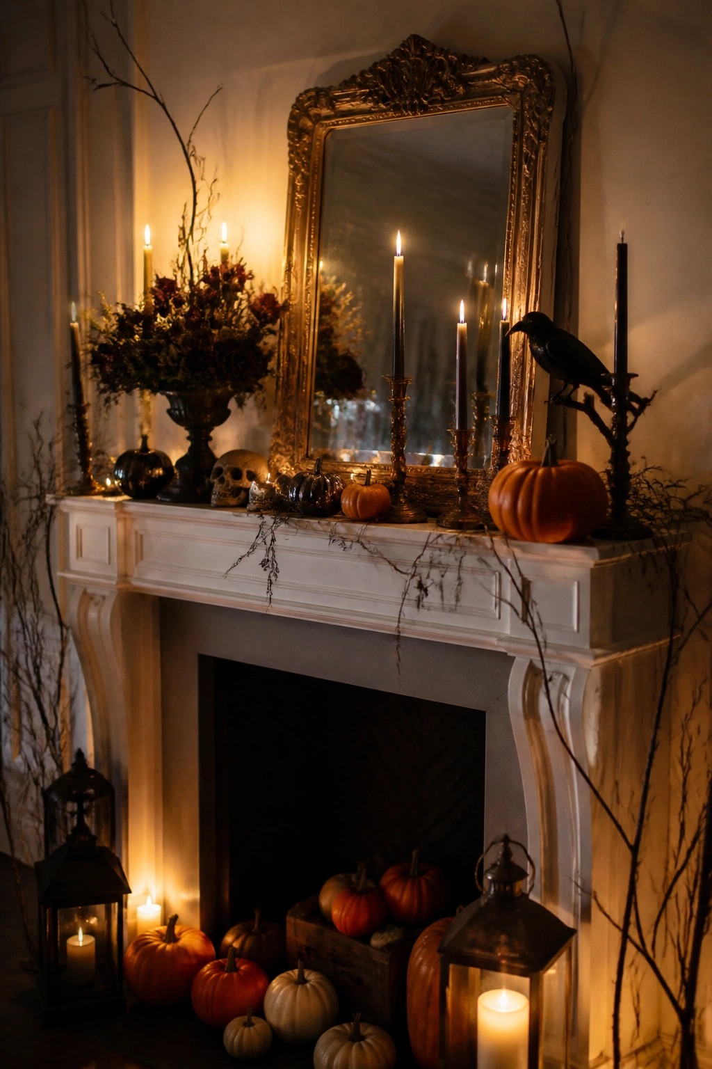 White fireplace mantel decorated with black taper candles, skulls, small pumpkins, and a black crow on a branch in front of an ornate mirror.