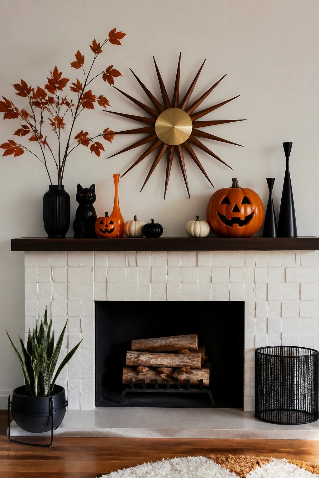 Fireplace mantel with carved pumpkins, black cat, autumn leaves, vases, and starburst decor.