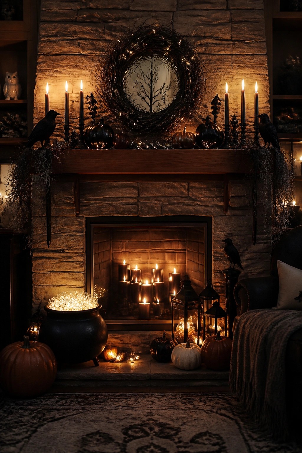 Stone fireplace mantel decorated with black crows, black pumpkins, tall candles, and a large wreath with string lights.