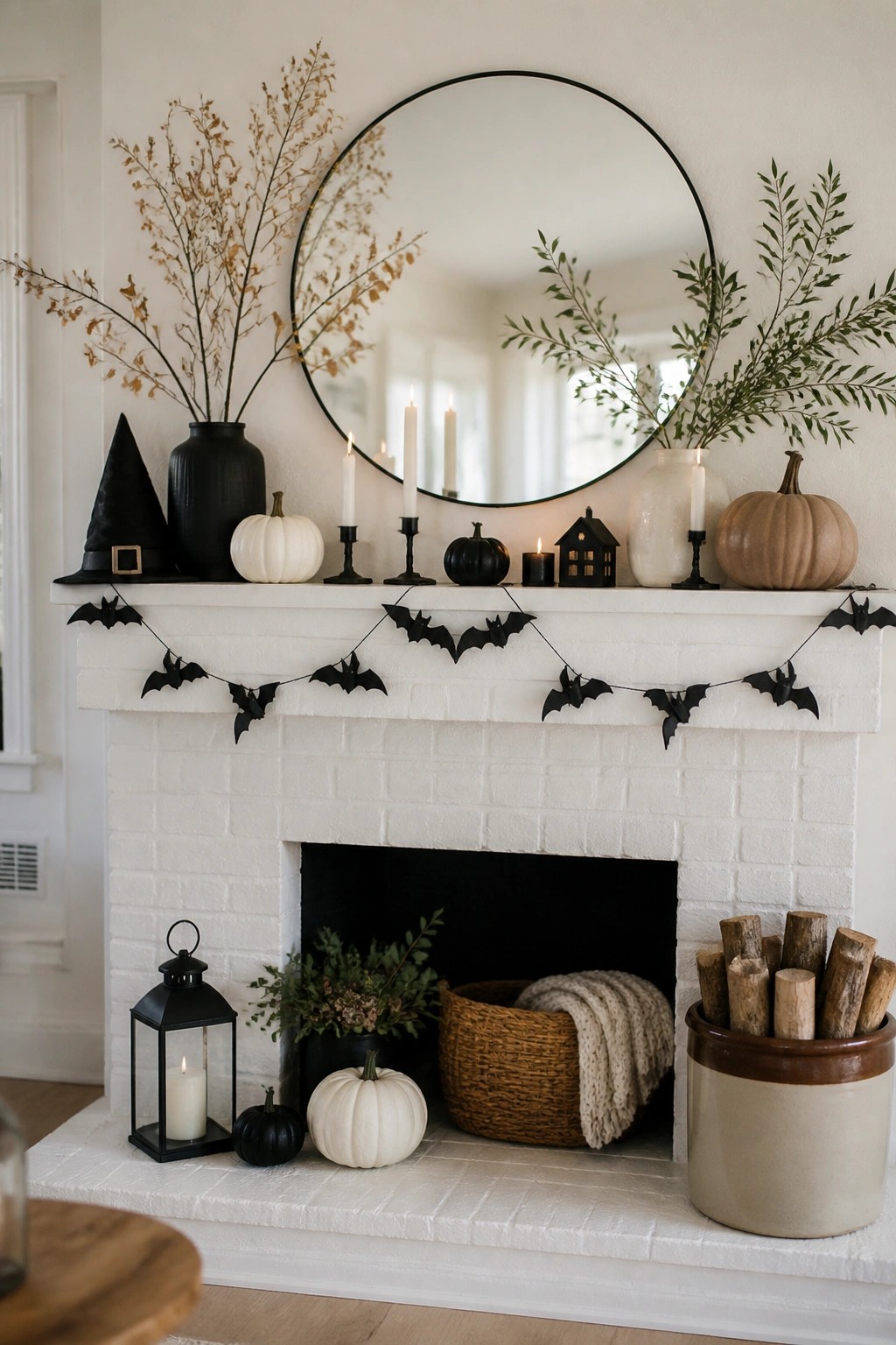 White brick fireplace mantel with a black bat garland strung across the front, surrounded by pumpkins, candles, and branches in front of a round mirror.