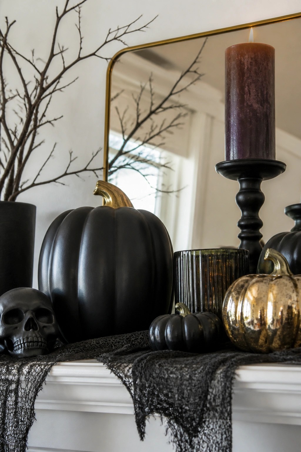 A white fireplace mantel styled with matte black pumpkins, a small black skull, a lit dark candle, and black gauze for Halloween.