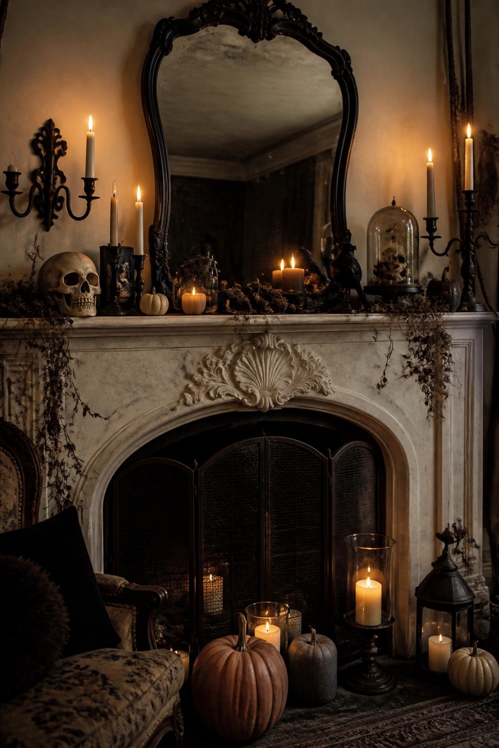 Marble fireplace mantel decorated with human skulls, multiple lit candles in holders, small pumpkins, a black bird, and dried vines.