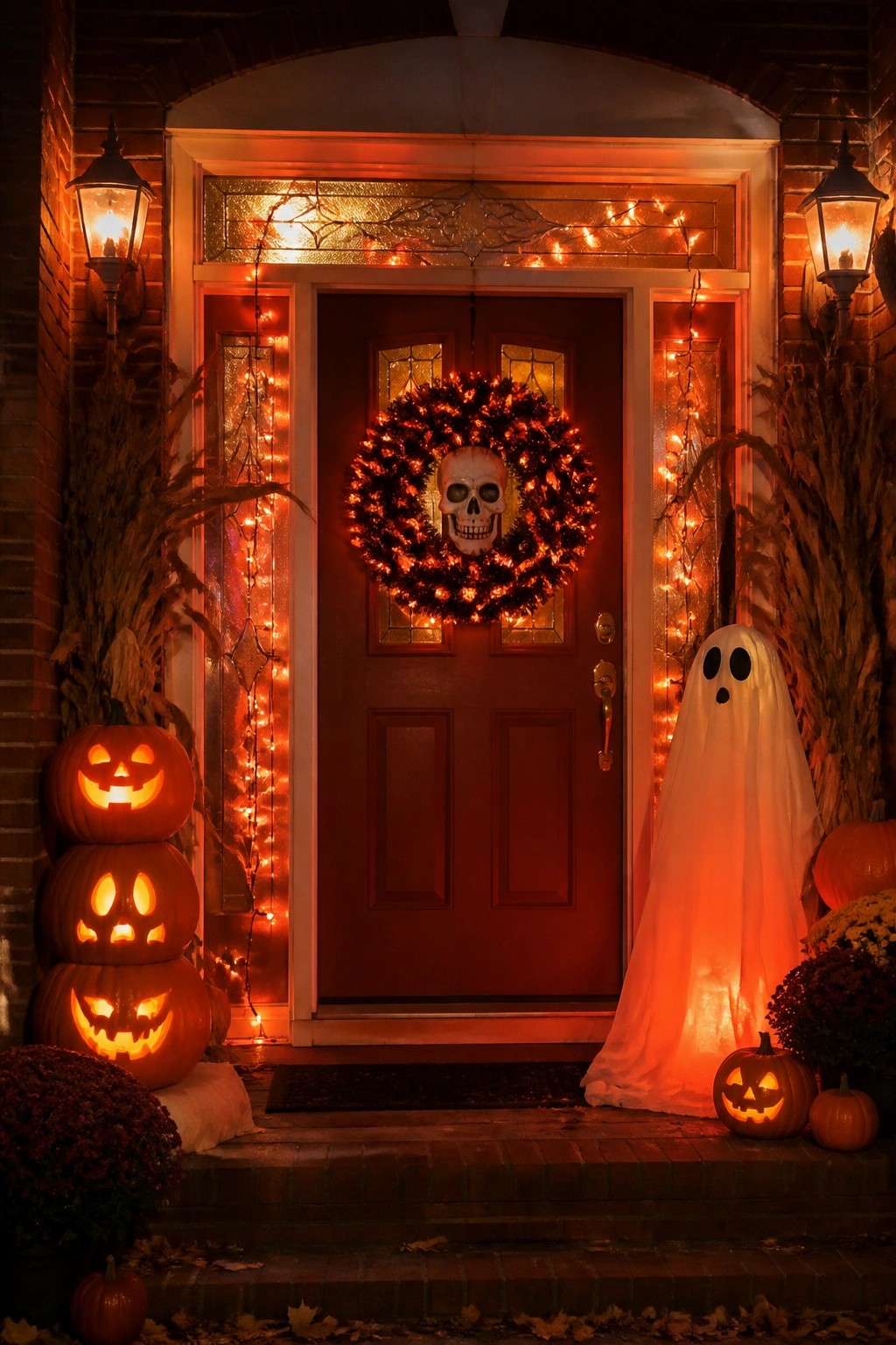 Red front door with a black wreath holding a skull, orange string lights around the frame, stacked jack o' lanterns on the left, and a ghost figure on the right.