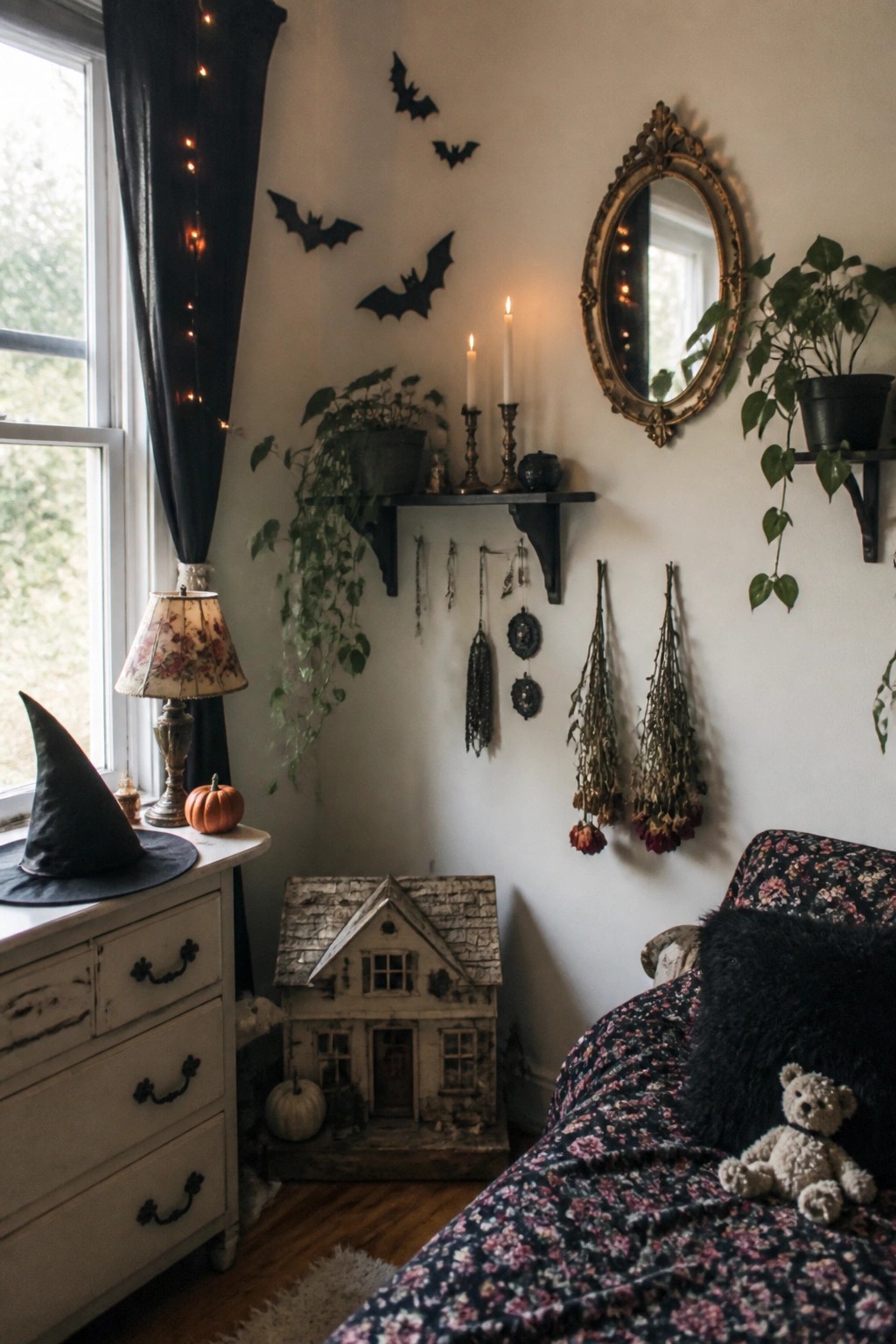 Bedroom wall with several black bat cutouts arranged above a floating shelf that holds lit candles and hanging dried flowers, next to a bed with floral bedding and a small teddy bear.