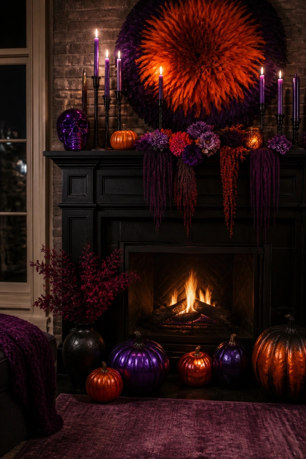 Black fireplace mantel styled with tall purple candles, a large orange and purple feathered wreath, a metallic skull, and metallic pumpkins arranged on the hearth.