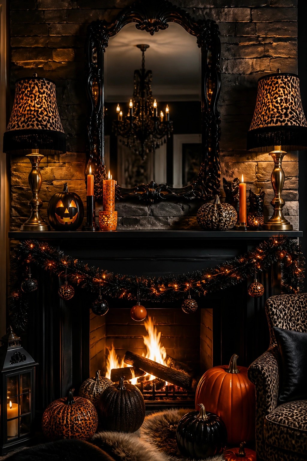 Black fireplace mantel decorated with carved jack o lanterns, leopard print lamps, pillar candles, and a lit garland above a lit fire.