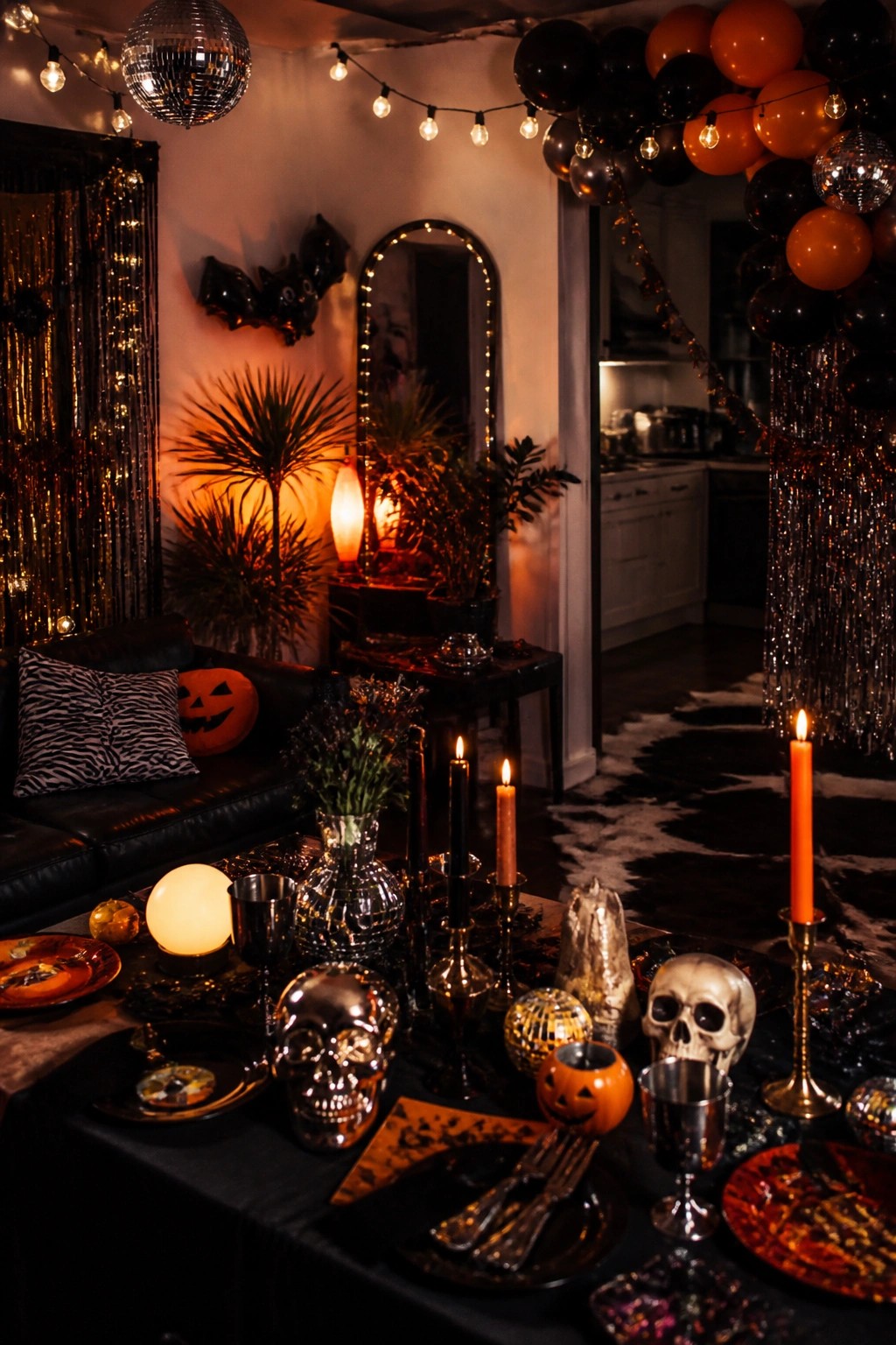 A black dining table decorated with metallic skulls, jack-o'-lanterns, black candles, and orange plates in a Halloween party setup.