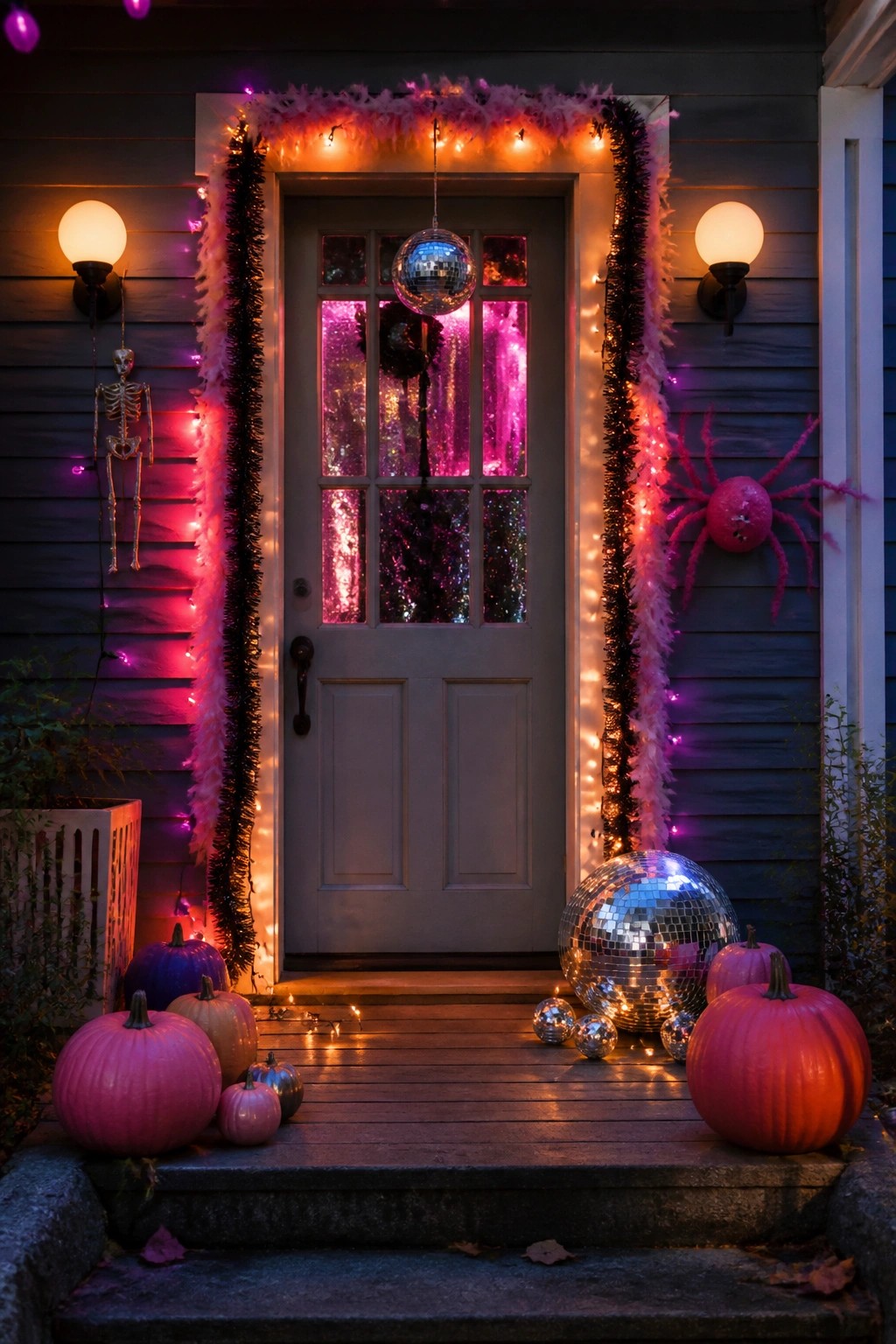 Front door decorated with hanging disco balls, colorful string lights, feather boas, pumpkins, and a skeleton on the siding.