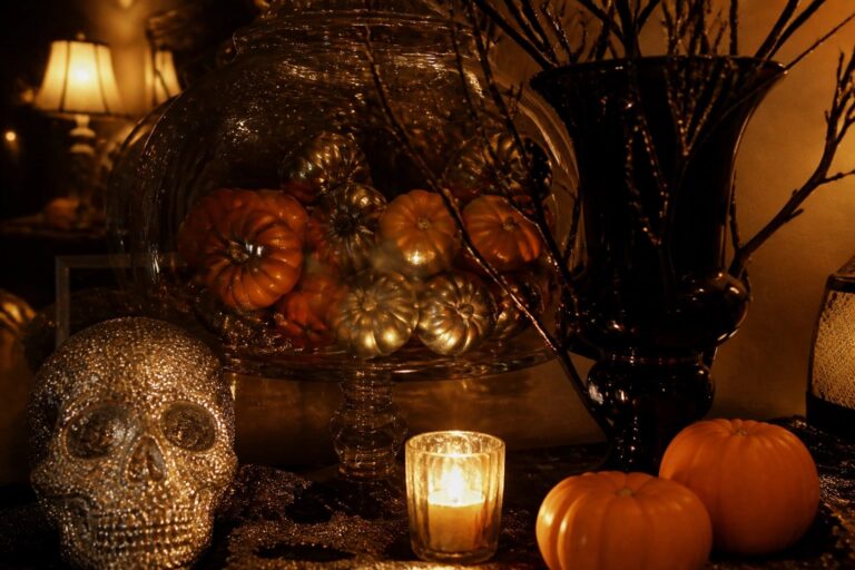 Dark wood console holding a glittery carved jack o lantern, a bowl of black and orange glitter orbs, a small black bird figurine, and black lamps with a mirror behind them.
