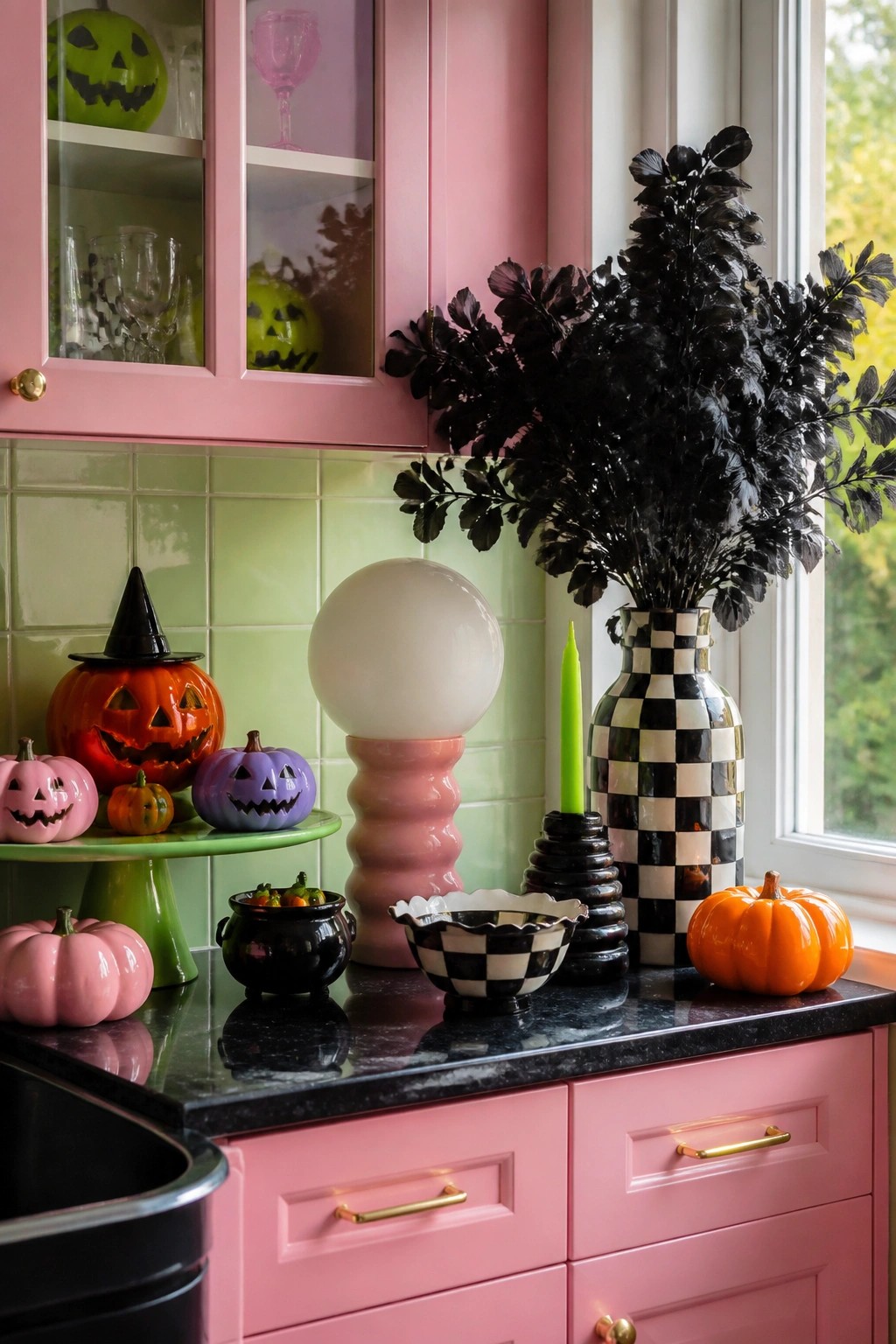 Pink kitchen counter with orange, pink, and purple jack o lanterns, black cauldrons, and a checkered vase holding dark foliage.