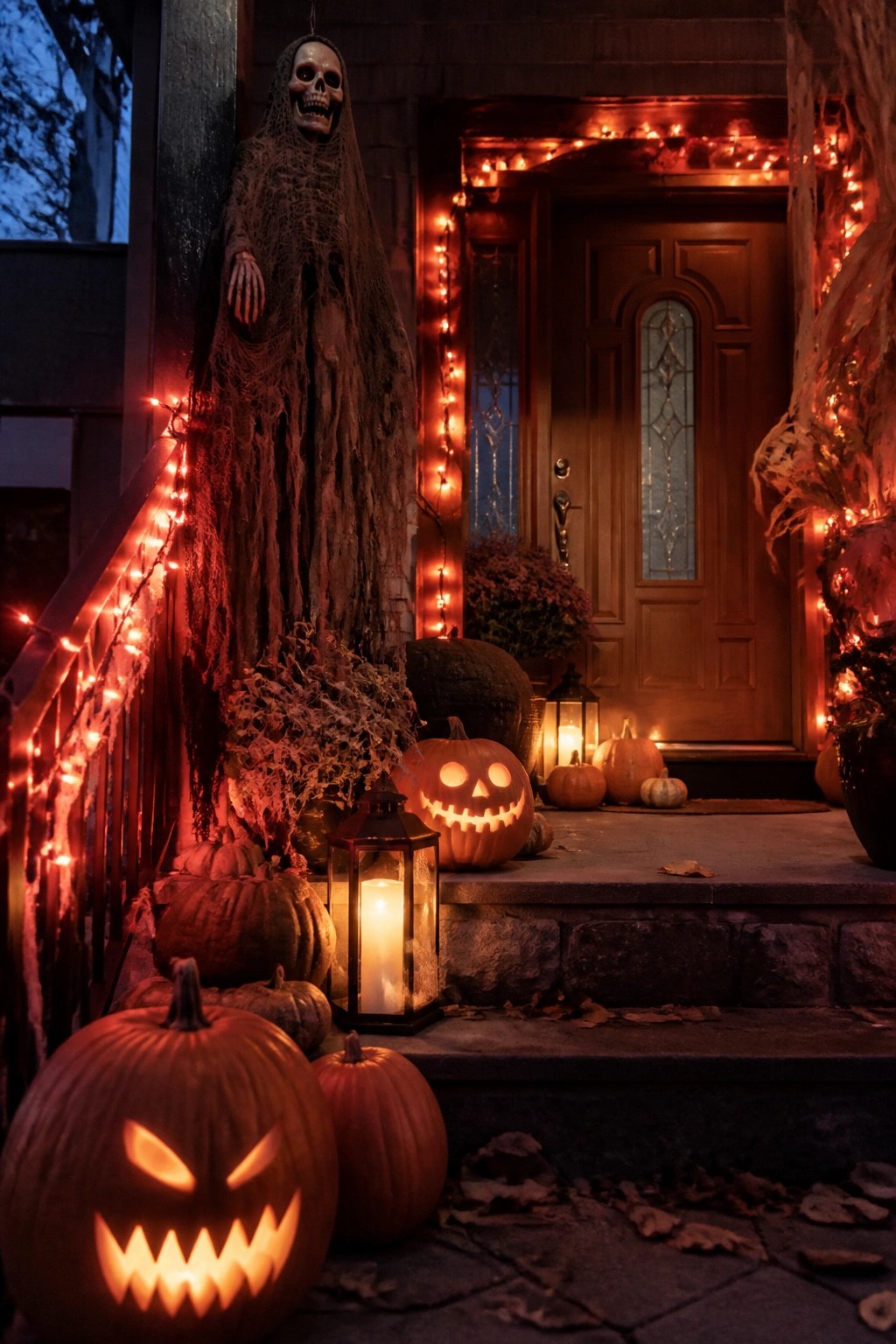 Glowing jack-o'-lanterns, hanging skeleton, and red string lights on a dark porch.