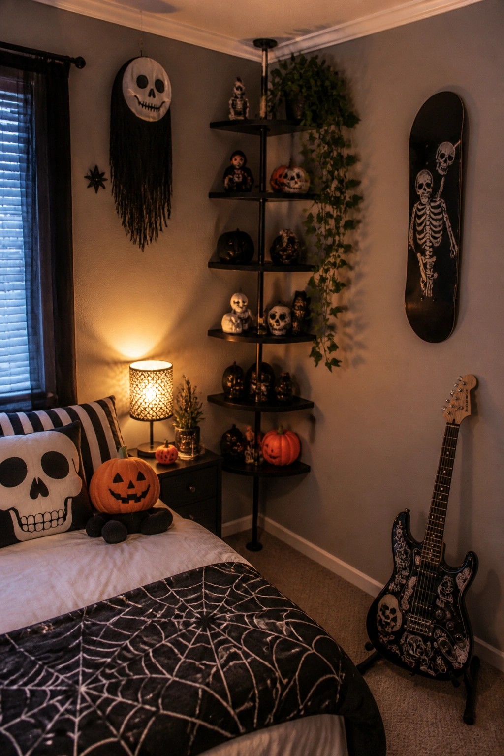 Bedroom corner with black and white skull pillow, spiderweb blanket, hanging skull decoration, skeleton skateboard on the wall, and multiple skull figurines on corner shelves.