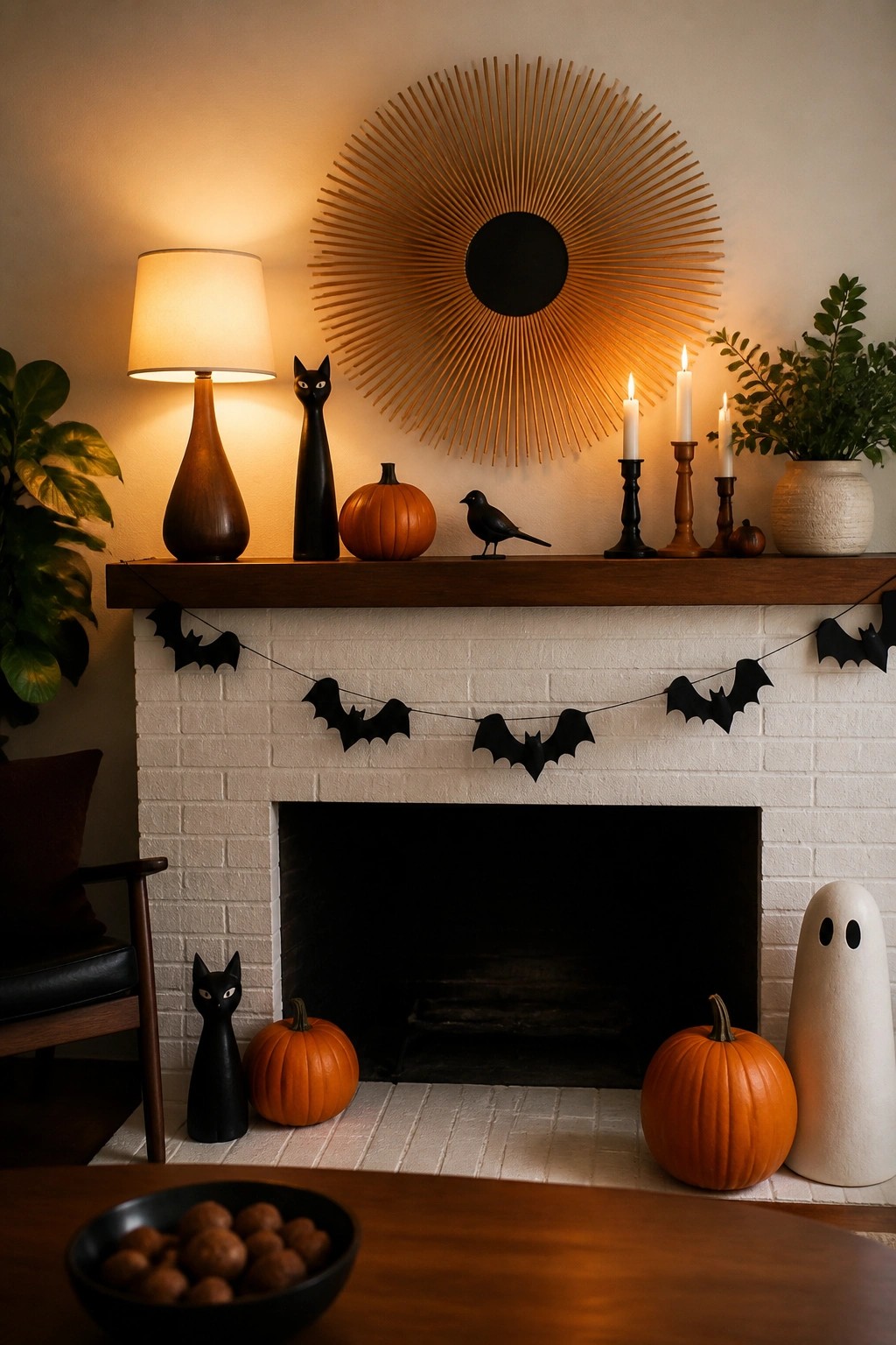 White brick fireplace with a black bat garland across the mantel, black cat figurines, orange pumpkins, and lit candles.