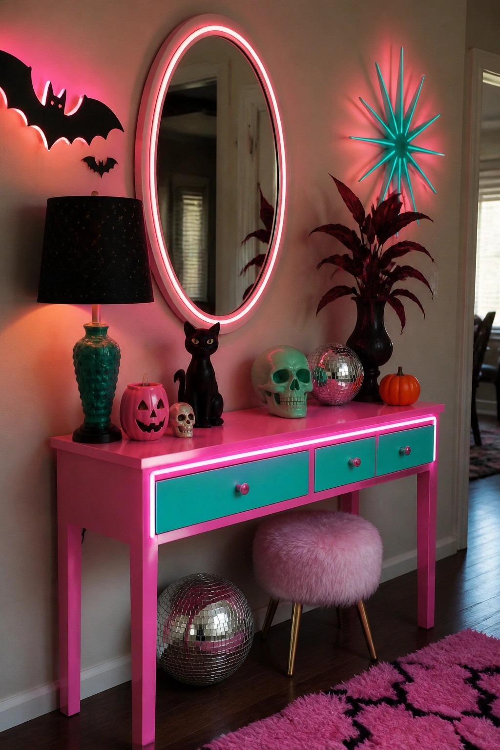 Pink console table styled with a green skull, black cat figurine, small jack-o'-lanterns, and disco balls beneath a neon oval mirror flanked by glowing bat lights.