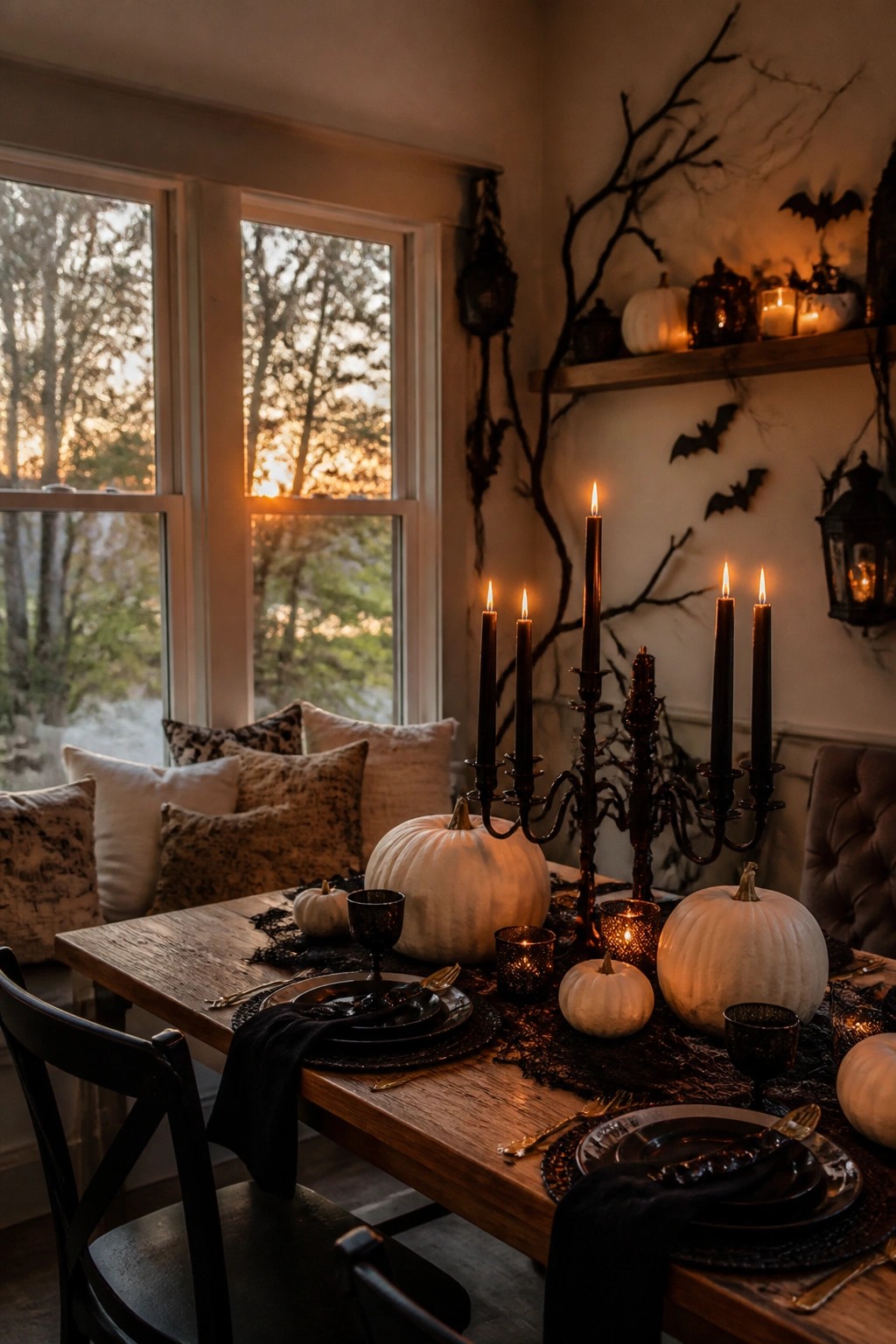 A wooden dining table set with black candelabras, dark plates, and white pumpkins, with bat decorations on the wall behind.