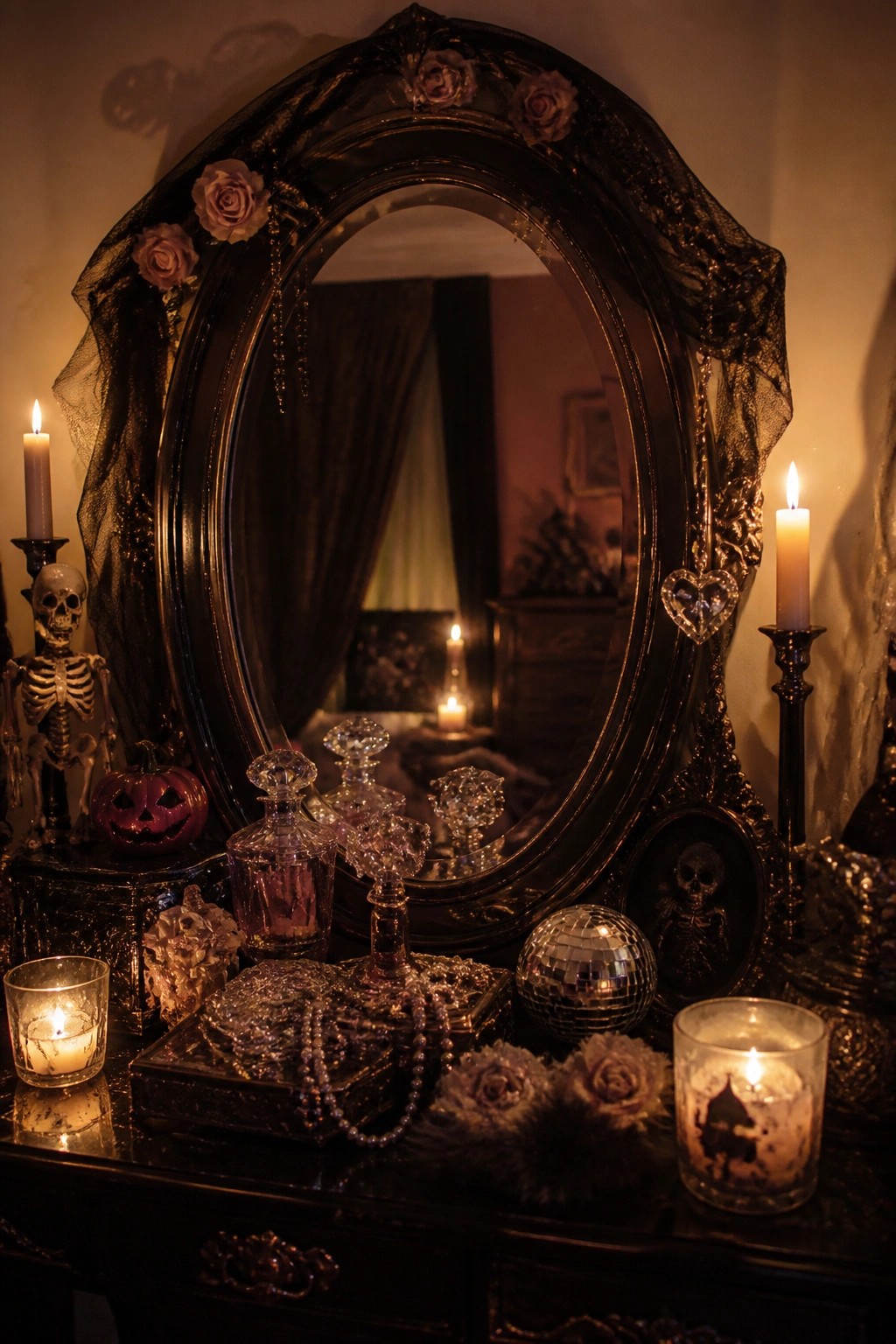 Ornate dark vanity mirror with a small skeleton figure, jack o lantern, candles, and skull accents arranged on the table below.