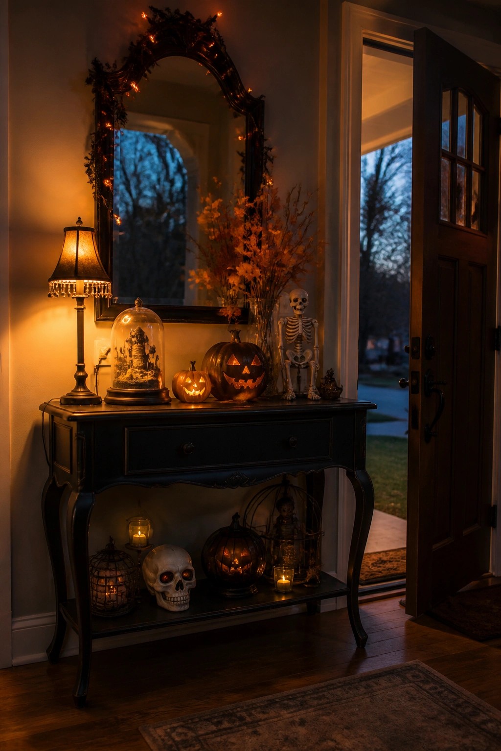 Entryway console table styled with a standing skeleton, carved jack o lanterns, skulls, and candles beneath an ornate mirror.
