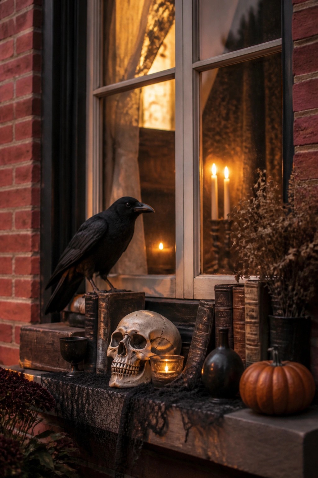 A brick house windowsill styled with a human skull, old books, a black crow, candles, and a small pumpkin.