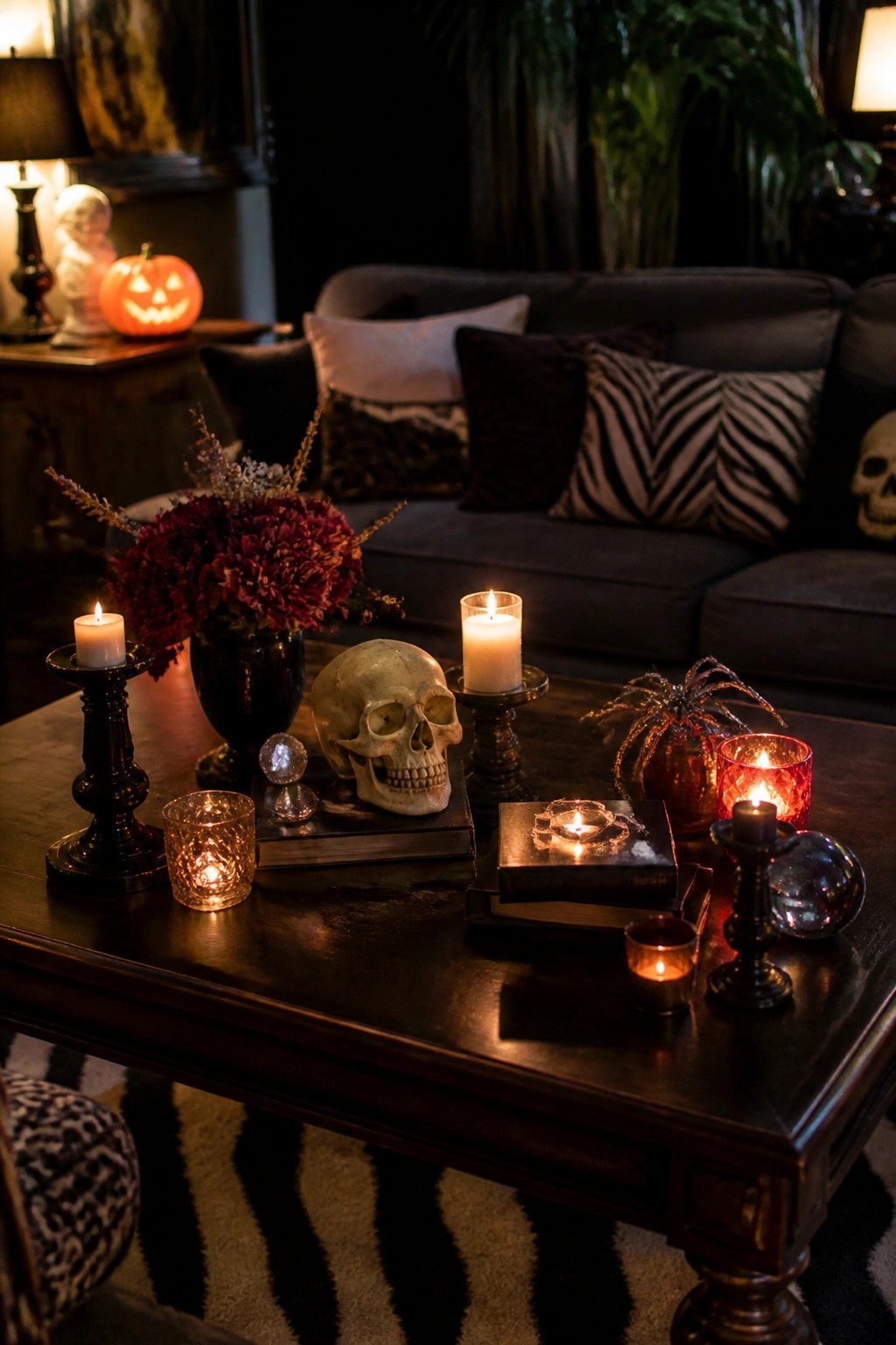 A living room coffee table arranged with a human skull, lit candles, a dark floral arrangement, and small Halloween accents.