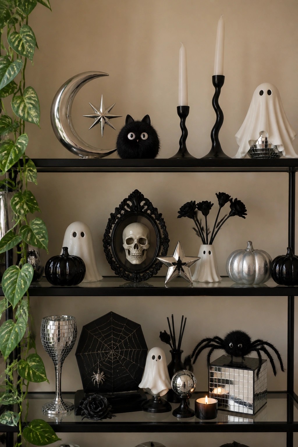 Black shelving unit styled with multiple white ghost figures, a black cat, a skull in an ornate frame, spiders, candles, and metallic pumpkins across three shelves.
