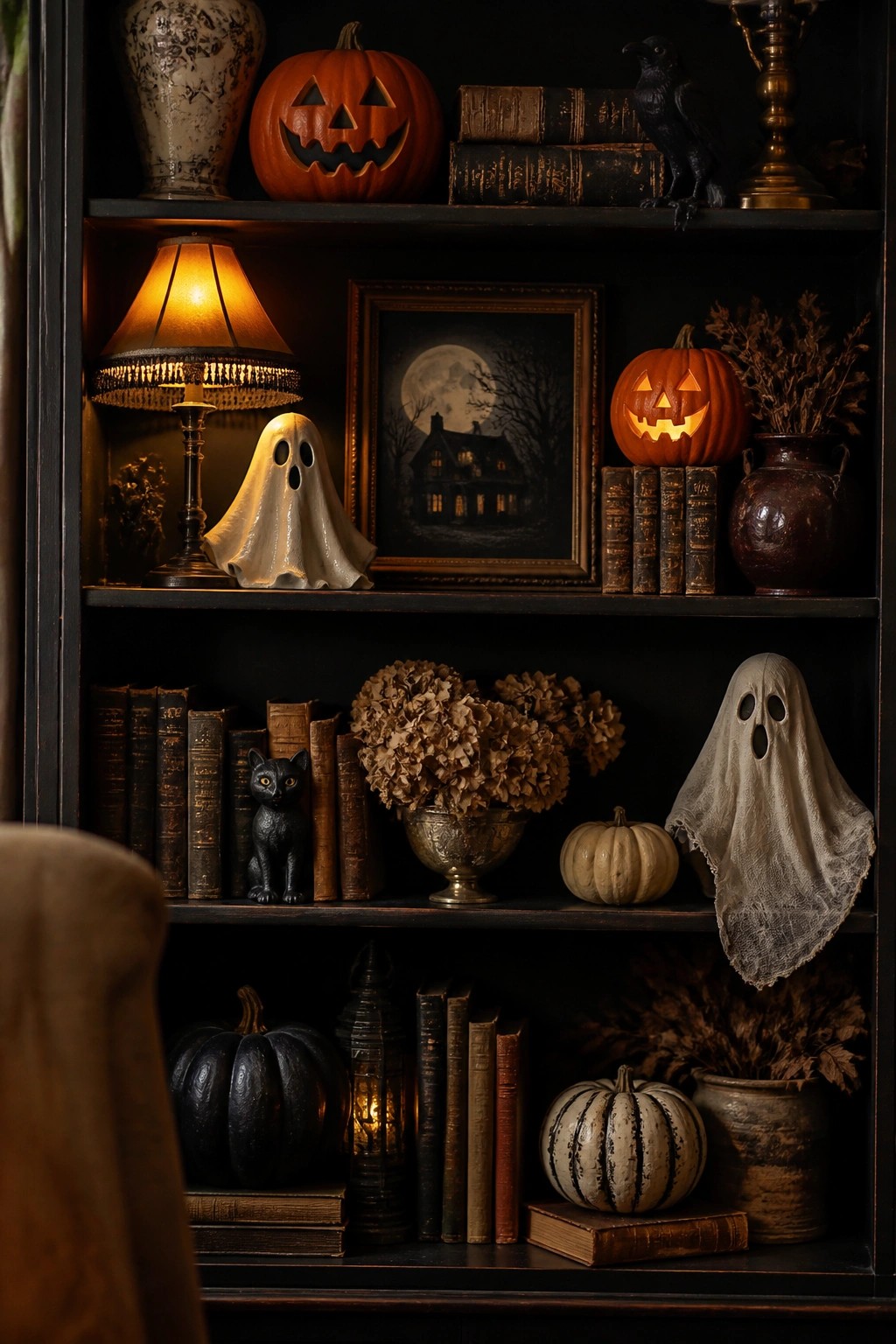 Built-in shelves styled with white sheet ghosts, lit jack o lanterns, old books, a black cat figurine, and a framed spooky print.