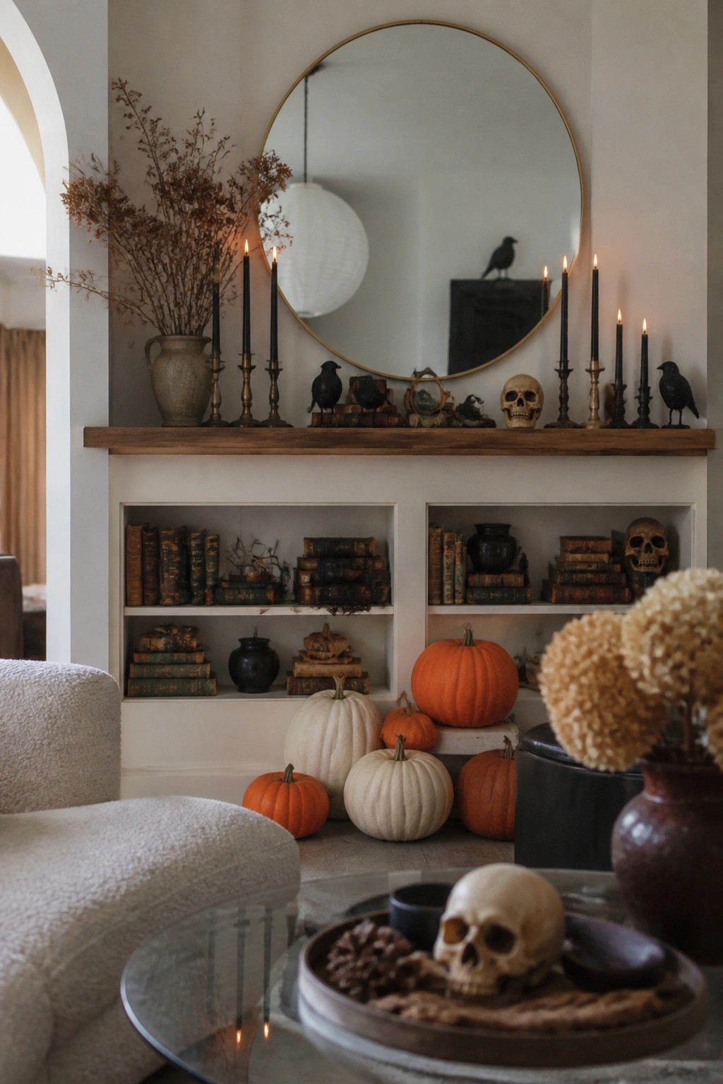 A white fireplace mantel styled for Halloween with skulls, black bird figures, old books, and black taper candles.