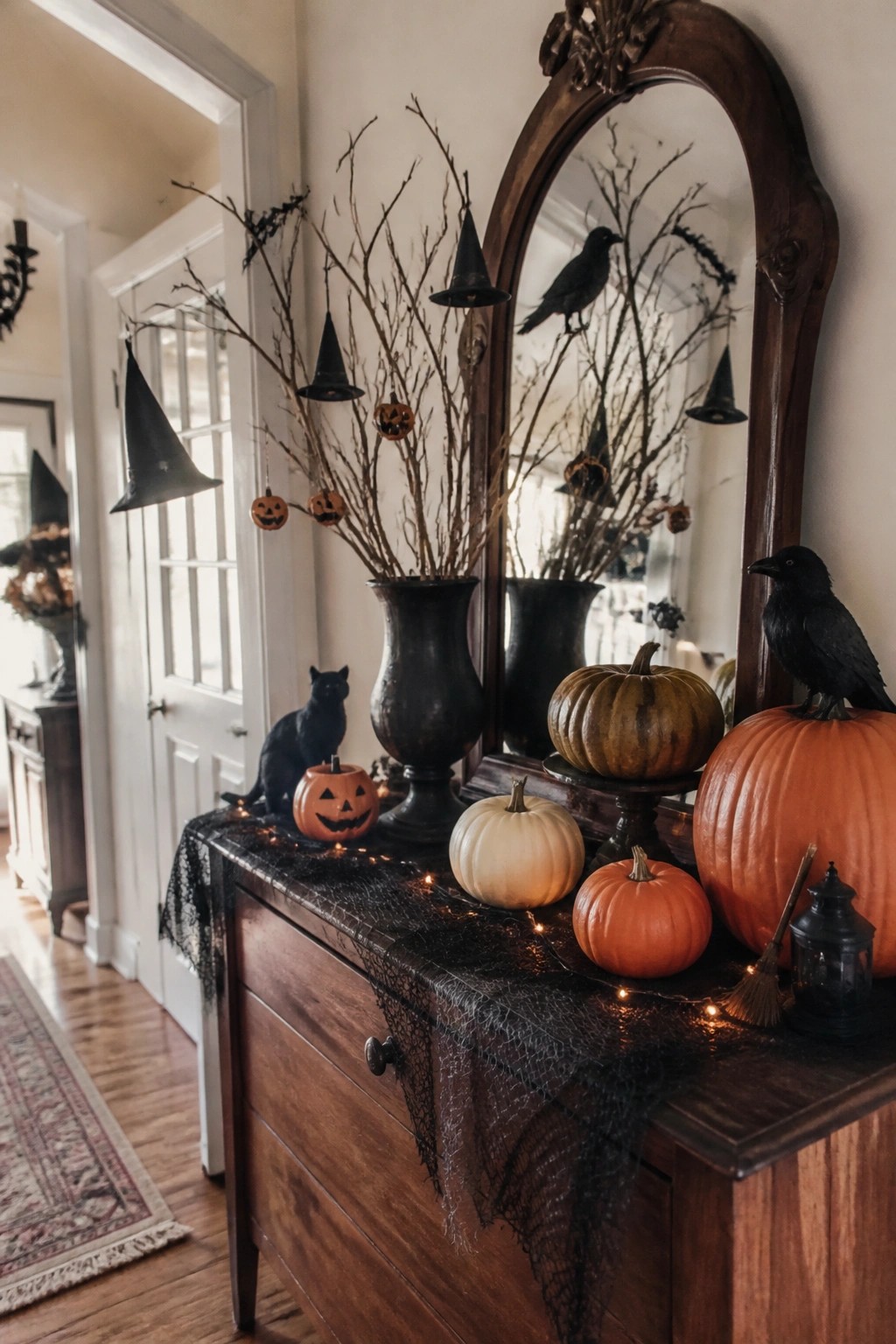 Wooden dresser with mirror displays Halloween pumpkins, black crows, witch hats, and branches.