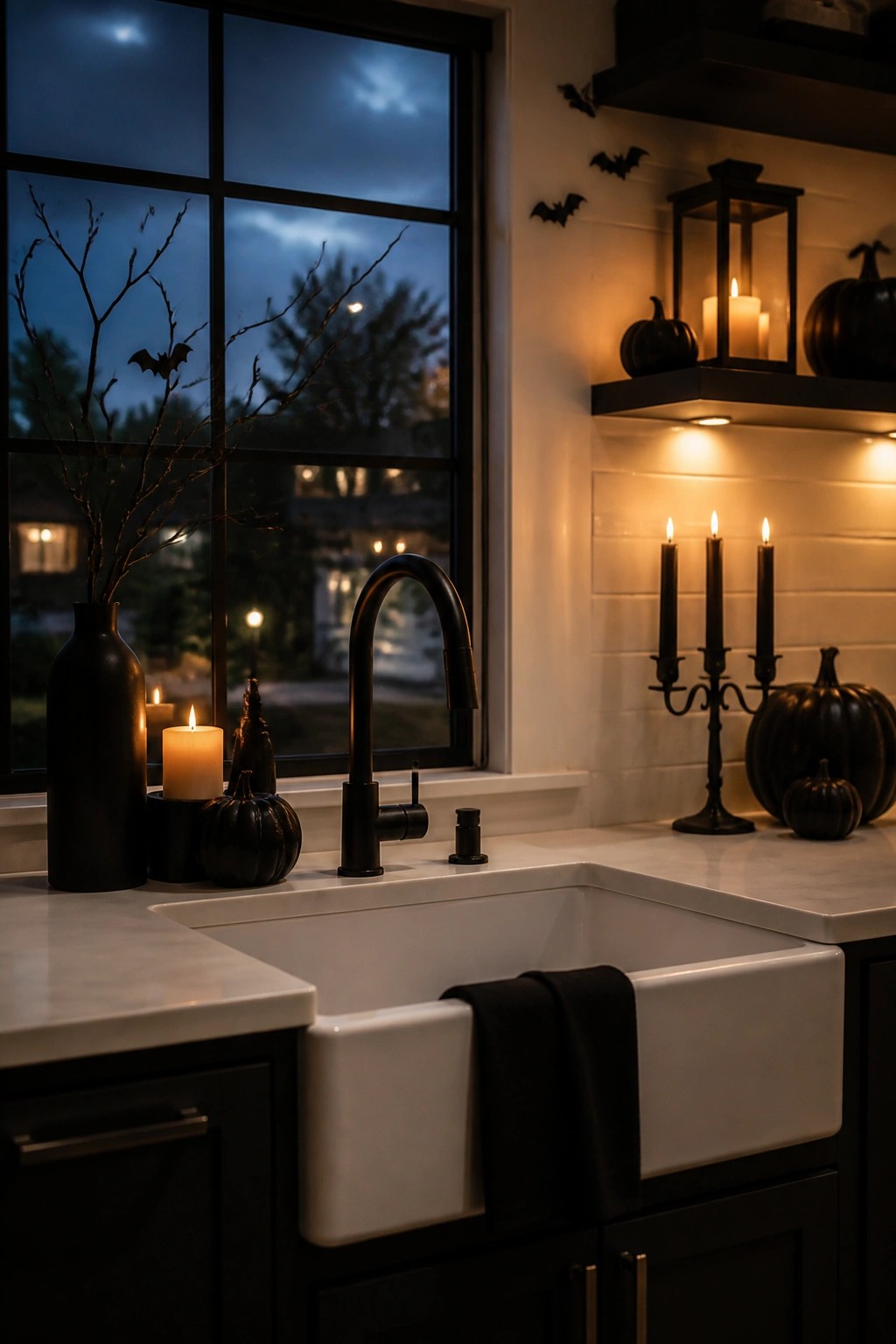 Kitchen sink area with a black vase holding bare branches and a bat, plus additional bats on the wall near floating shelves decorated with black pumpkins and candles.