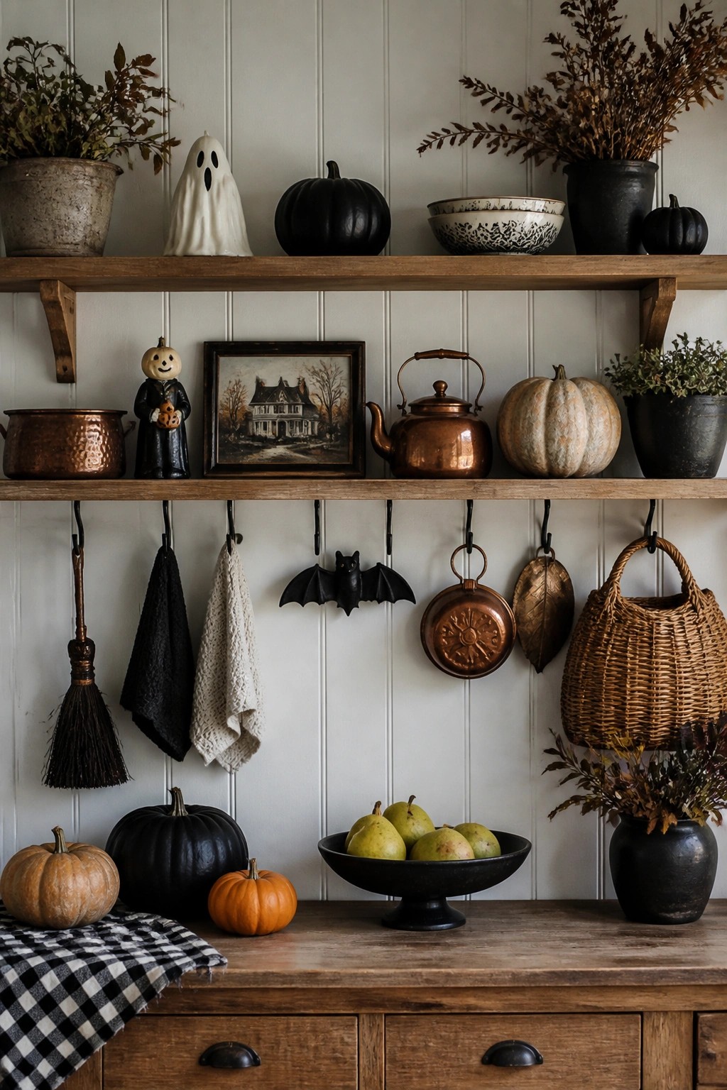 Rustic wooden shelves with black pumpkins, ghost, copper kettle, bat, and autumn decor.