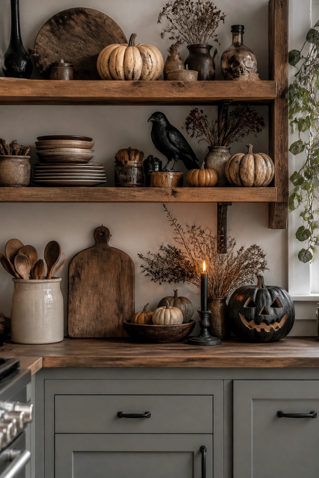 Kitchen with open wooden shelves holding neutral pottery, dried flowers, pumpkins, and a black crow figure, plus a carved jack o lantern with a lit candle on the gray countertop.