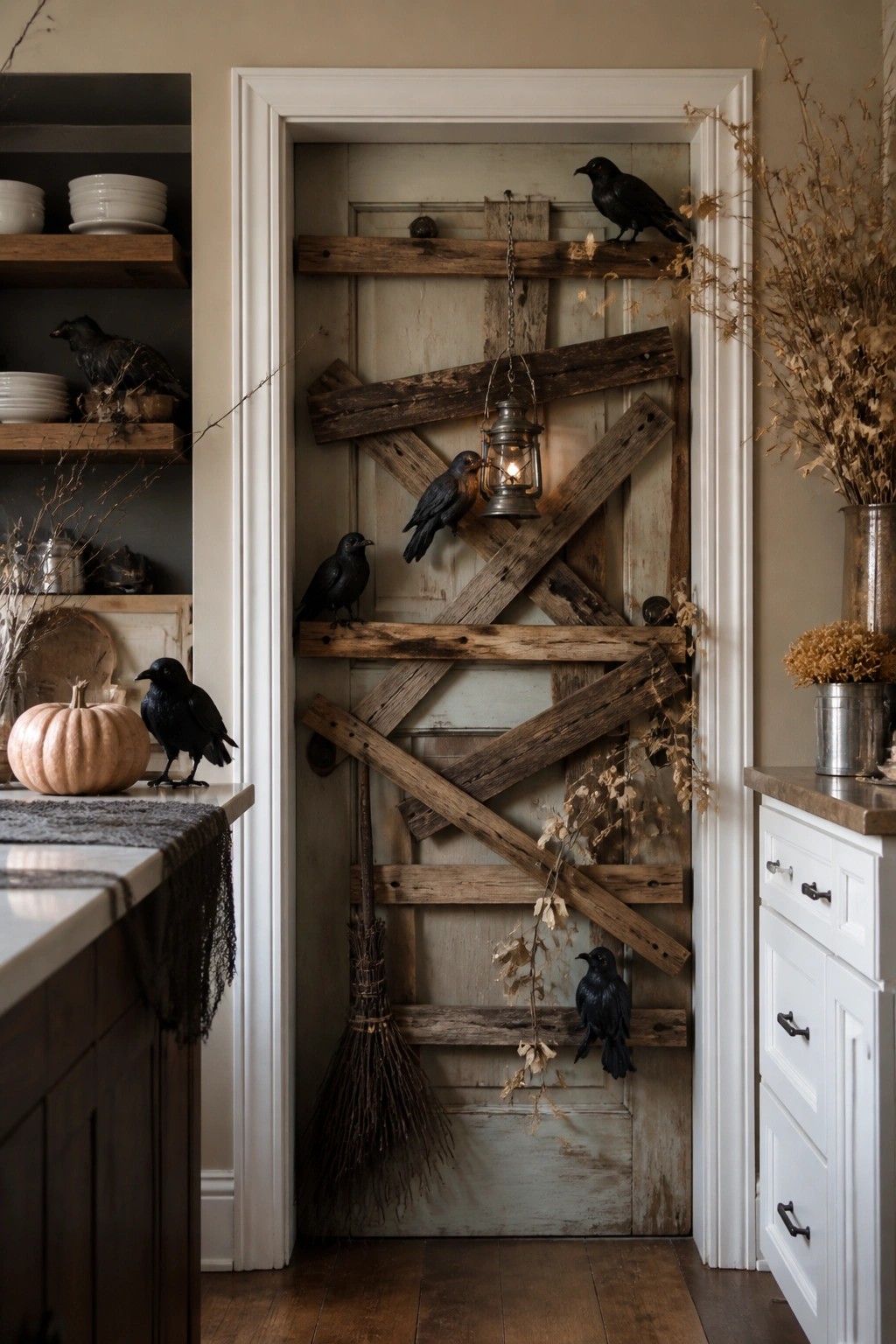 Kitchen doorway with multiple black crows perched on wooden boards, a hanging lantern, and dried foliage accents.