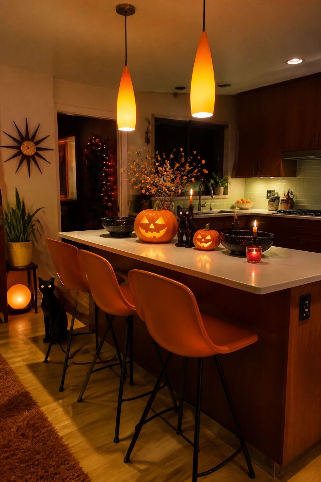 Kitchen island featuring multiple carved jack o' lanterns, black cat figurines, and lit candles placed among orange bar stools.