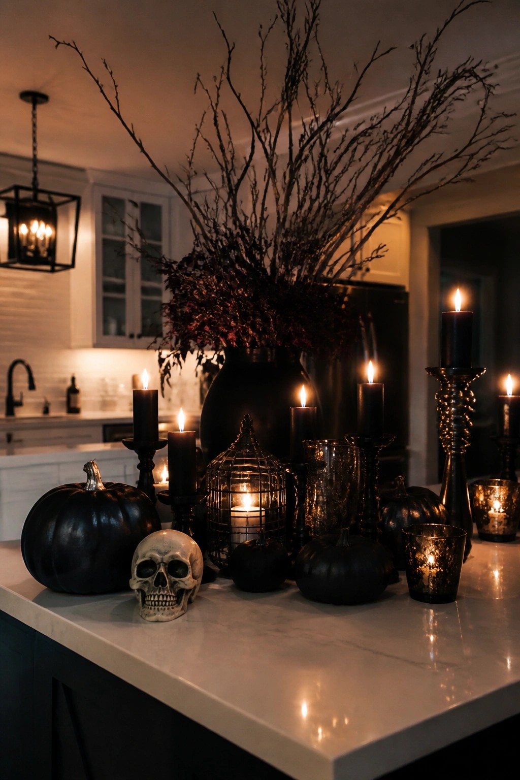 Dark Halloween display with black pumpkins, skull, lit candles, and branches on marble counter
