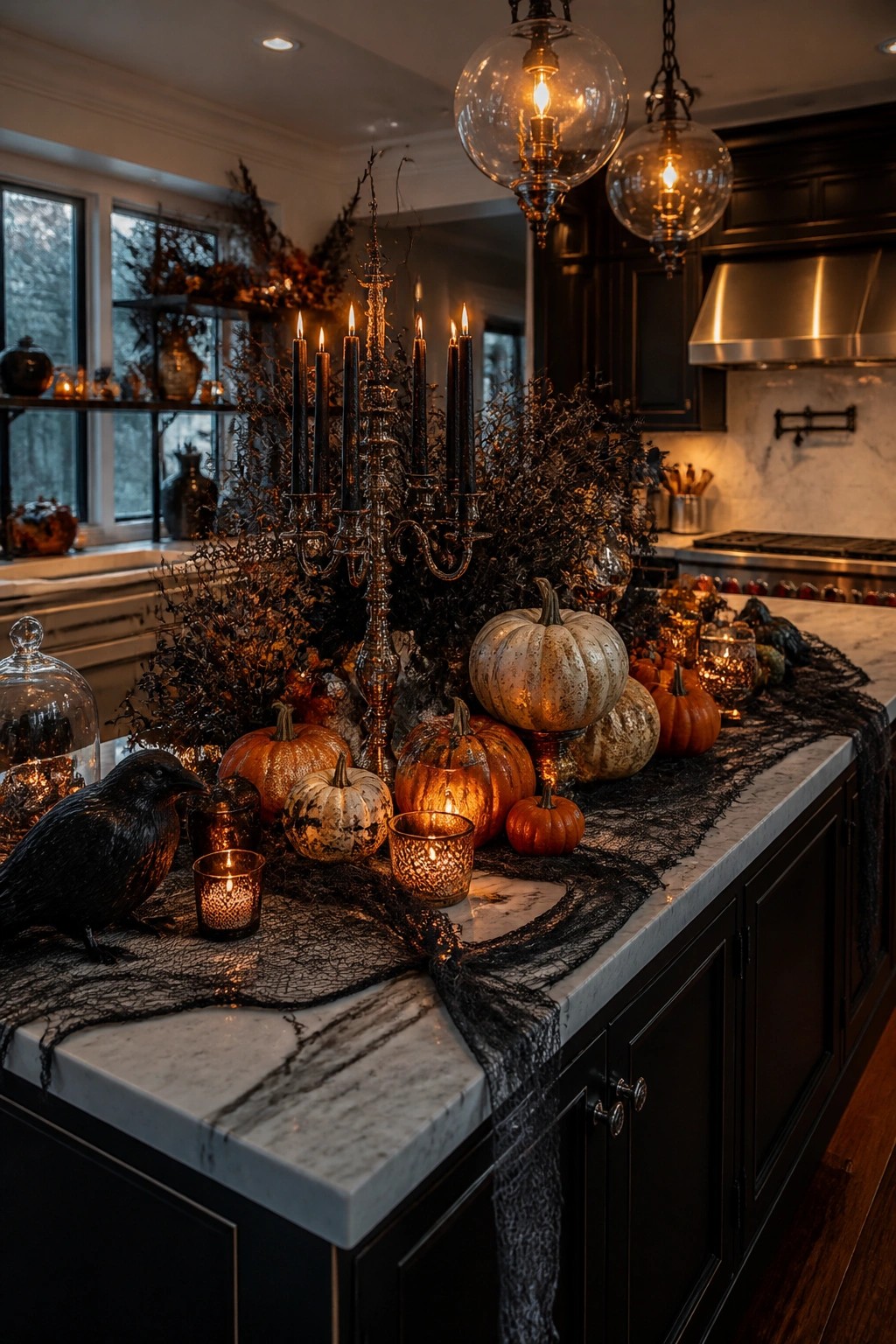 Elegant Halloween kitchen island with pumpkins, black candles, lace runner, and crow on marble.
