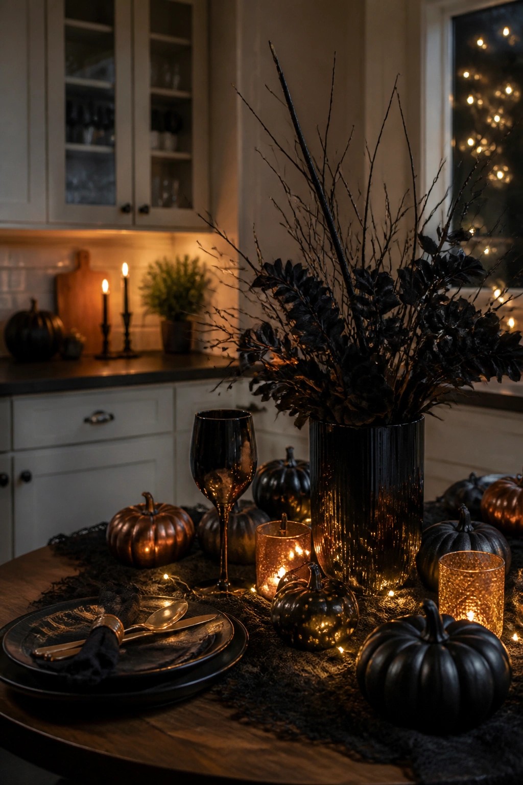 Kitchen table with a tall black vase holding dark branches as a centerpiece, surrounded by black and metallic pumpkins, black glassware, and lit candles.