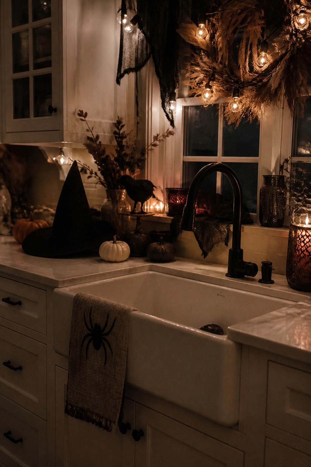 Kitchen sink with a spider towel draped over the front, a black witch hat and small pumpkins on the counter, and string lights with dried foliage above the window.