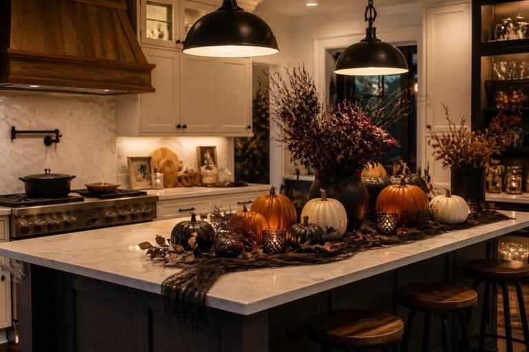 25 Fun Halloween Kitchen Decor Ideas to Cook Up the Spirit Kitchen island topped with a black cauldron centerpiece, pumpkins, and lit candles arranged on a dark runner.
