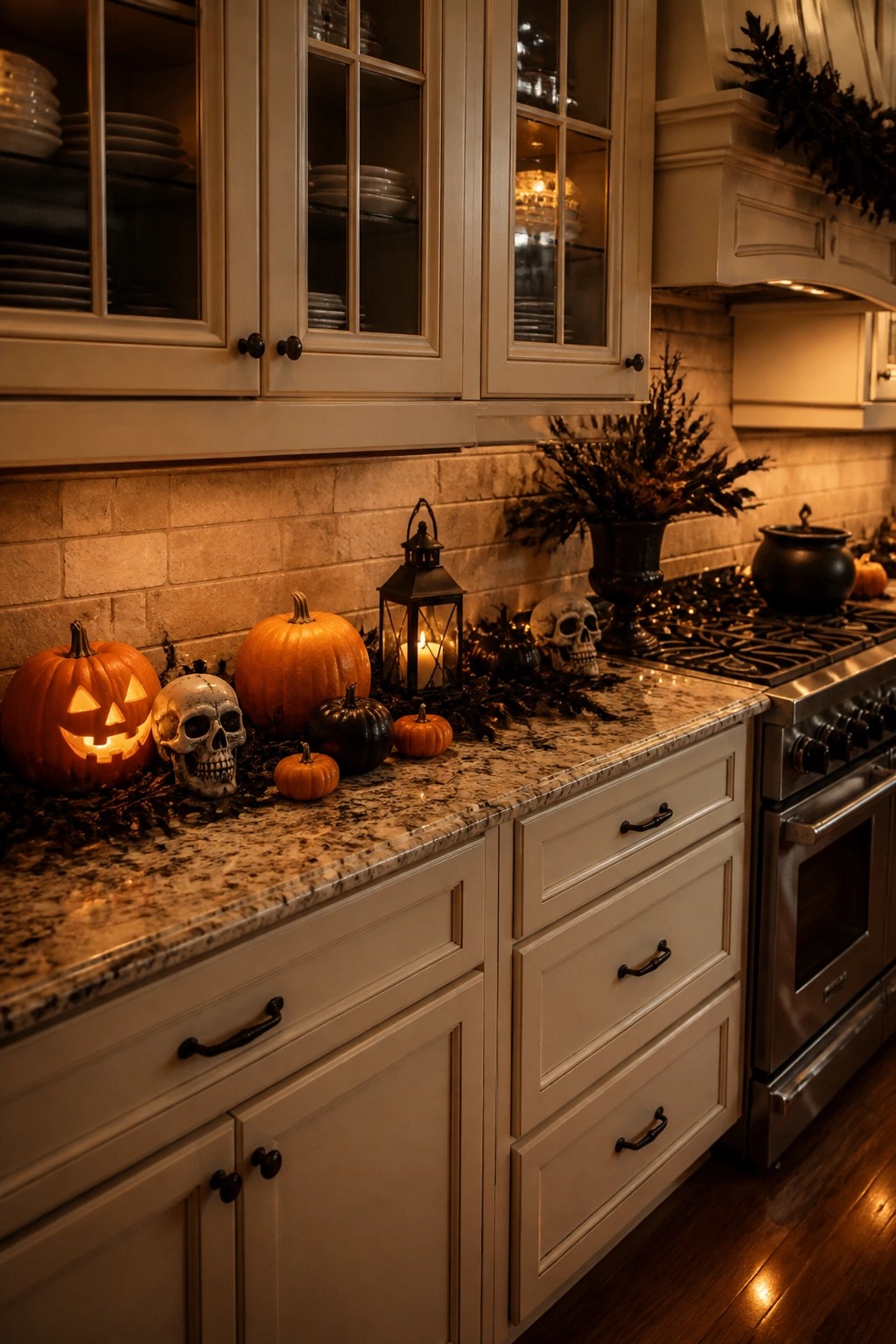 Kitchen counter with carved jack o' lanterns, skulls, small pumpkins, a black lantern, and dark foliage arranged along a marble surface.
